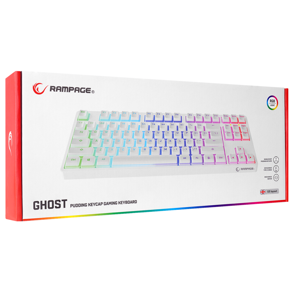 KB-R136 GHOST Beyaz Type-C Bağlantılı RGB Puding Tuşlu Red Switch US Gaming Oyuncu Klavye - Rampage