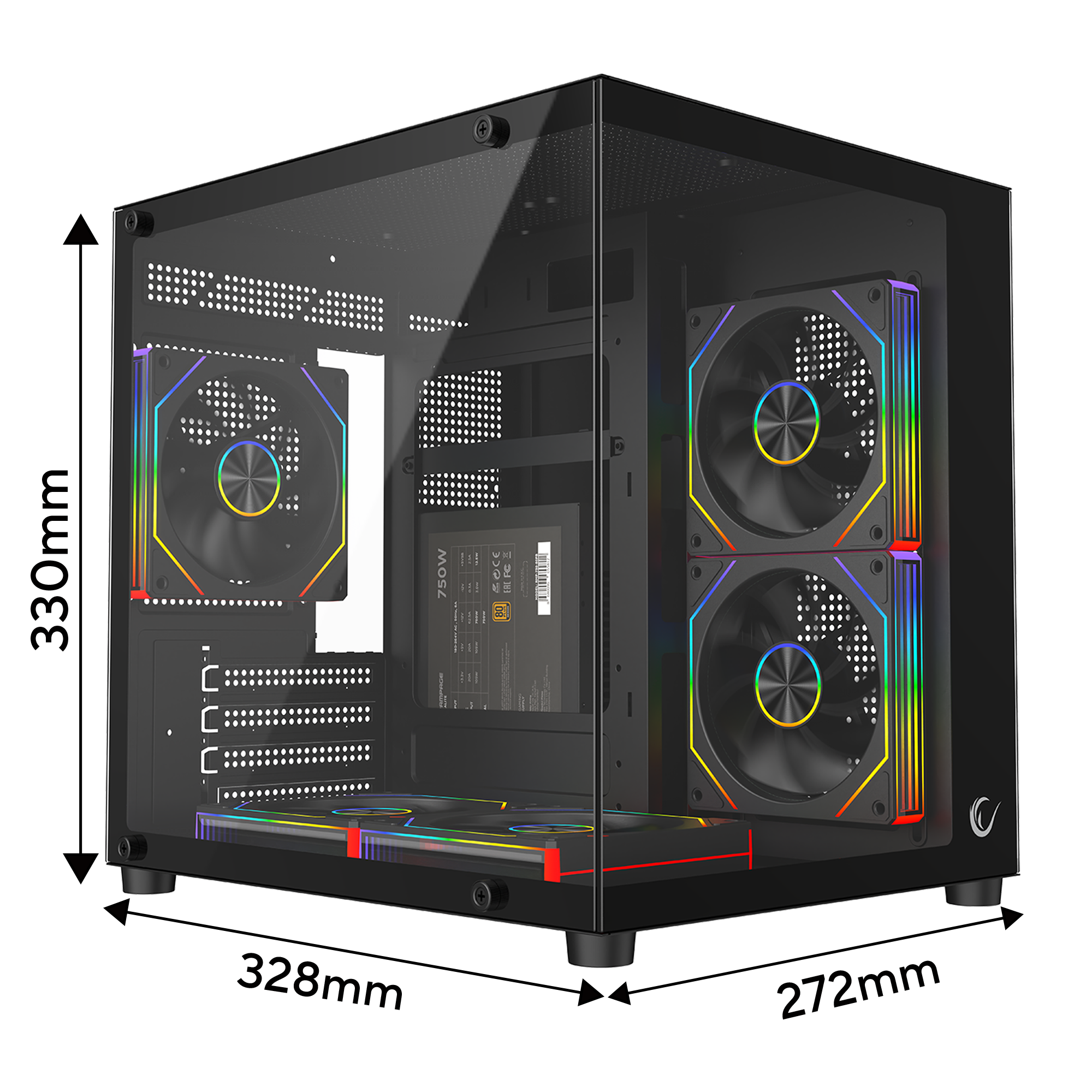 MINID V1 - 750W 80 Plus Bronze M-ATX Temperli Camlı 5*12cm ARGB Fan Siyah Oyuncu Kasası