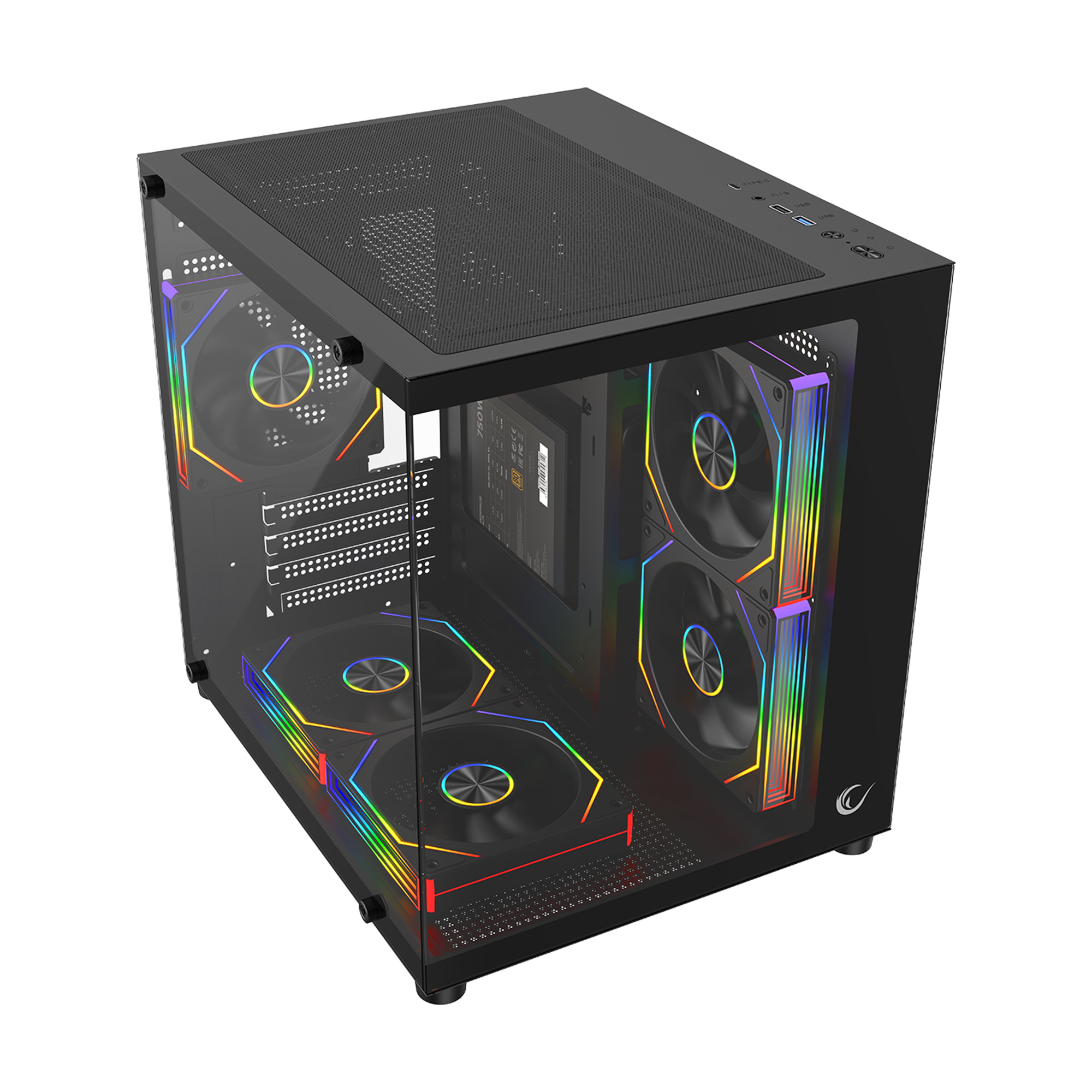 MINID V1 - 750W 80 Plus Bronze M-ATX Temperli Camlı 5*12cm ARGB Fan Siyah Oyuncu Kasası