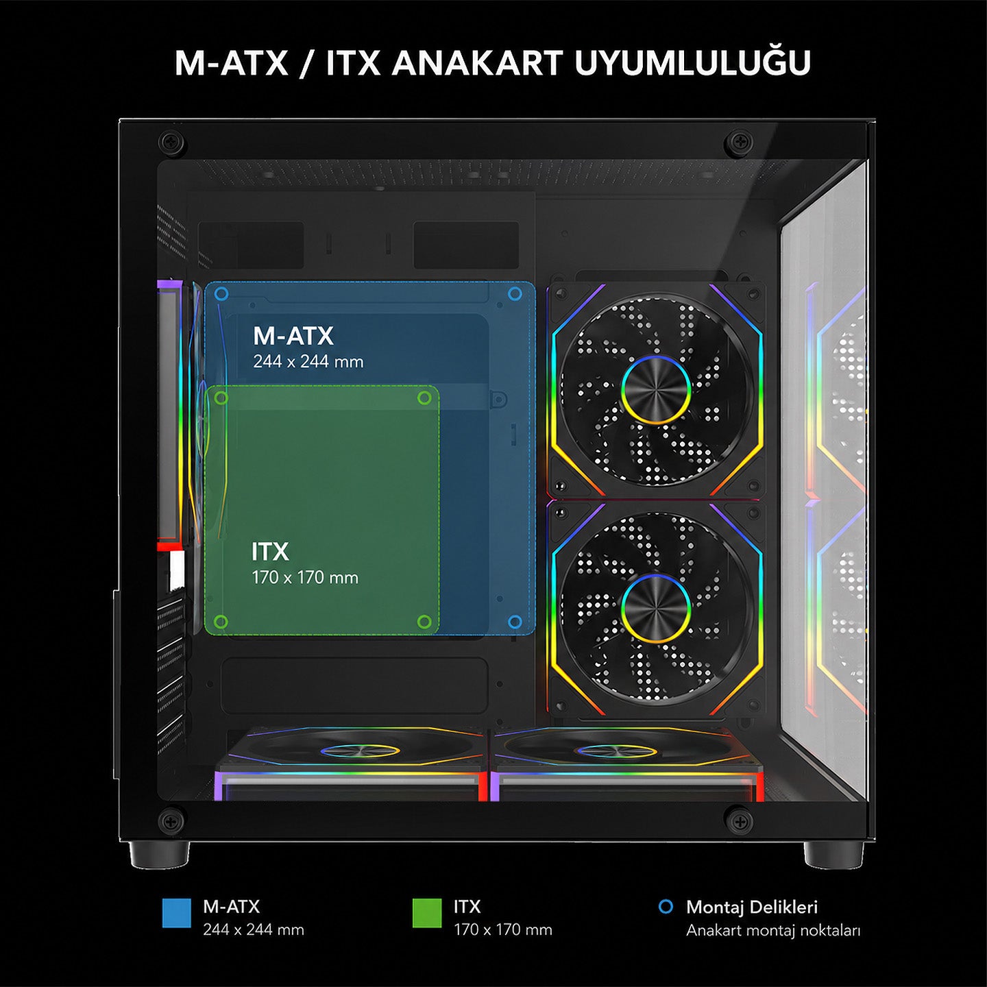 MINID V1 - 750W 80 Plus Bronze M-ATX Temperli Camlı 5*12cm ARGB Fan Siyah Oyuncu Kasası