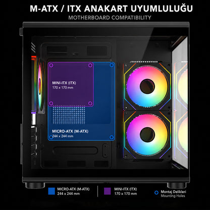 MINID V1 - M-ATX Temperli Camlı 3*12cm ARGB Fan Siyah Oyuncu Kasası