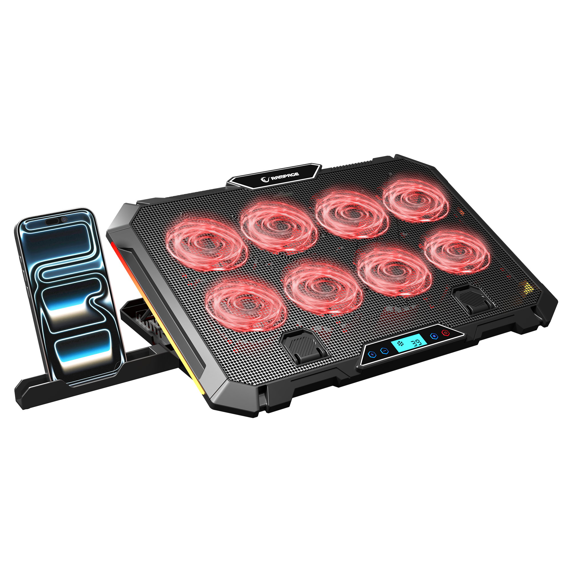 S51 Icevolt - Siyah RGB Işıklı 8 Fanlı LCD Göstergeli 17 ve Altı 2 Usb Girişli Yükselebilen Notebook Soğutucu