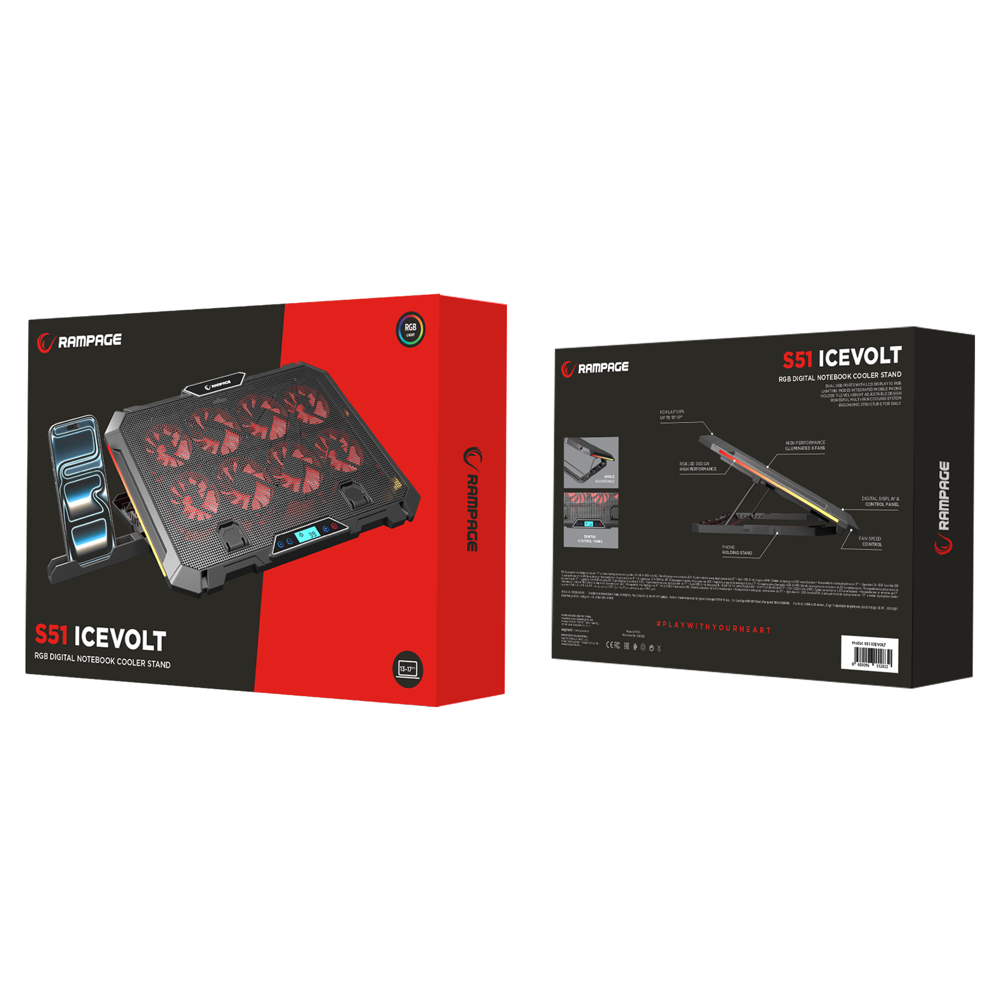 S51 Icevolt - Siyah RGB Işıklı 8 Fanlı LCD Göstergeli 17 ve Altı 2 Usb Girişli Yükselebilen Notebook Soğutucu