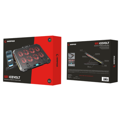 S51 Icevolt - Siyah RGB Işıklı 8 Fanlı LCD Göstergeli 17 ve Altı 2 Usb Girişli Yükselebilen Notebook Soğutucu
