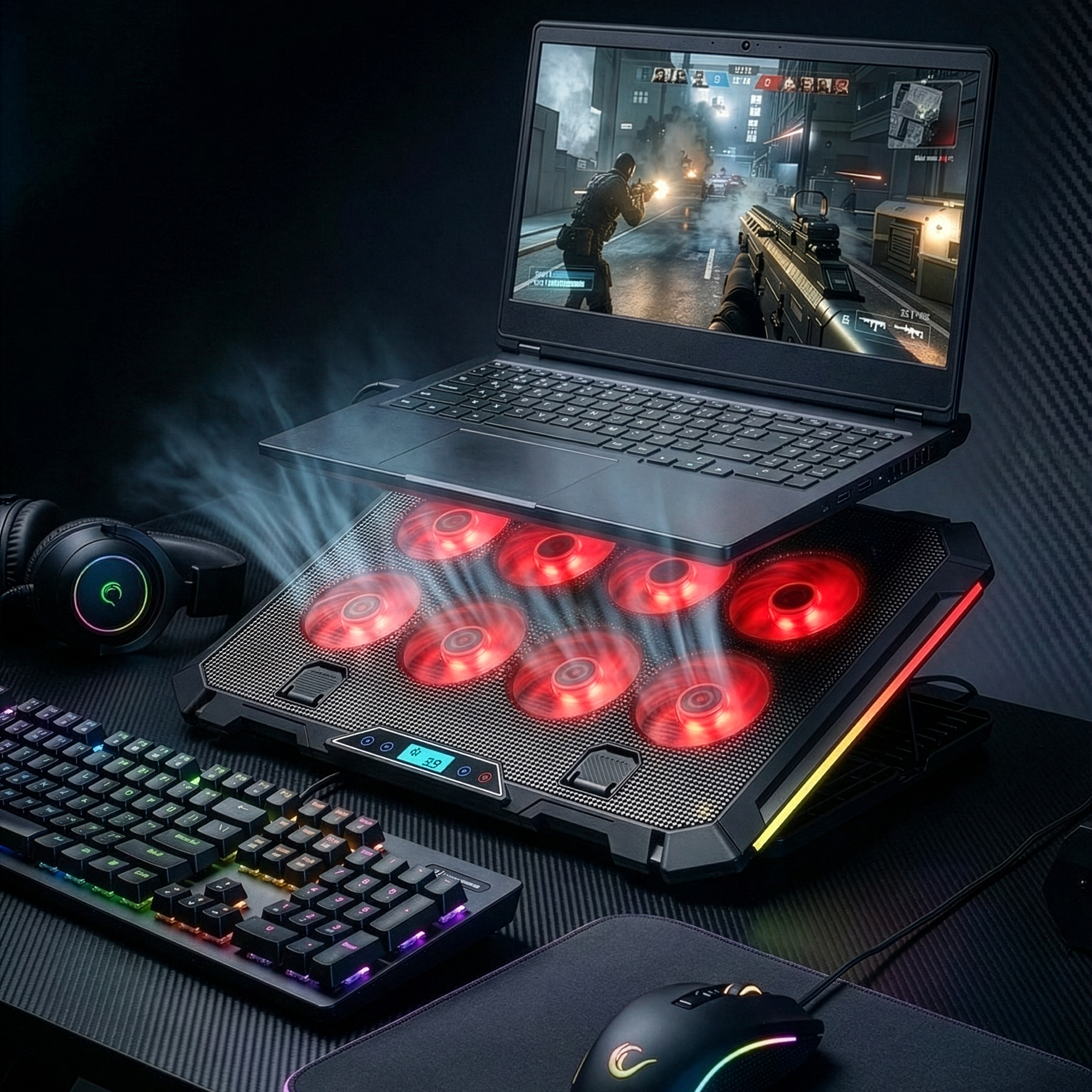 S51 Icevolt - Siyah RGB Işıklı 8 Fanlı LCD Göstergeli 17 ve Altı 2 Usb Girişli Yükselebilen Notebook Soğutucu