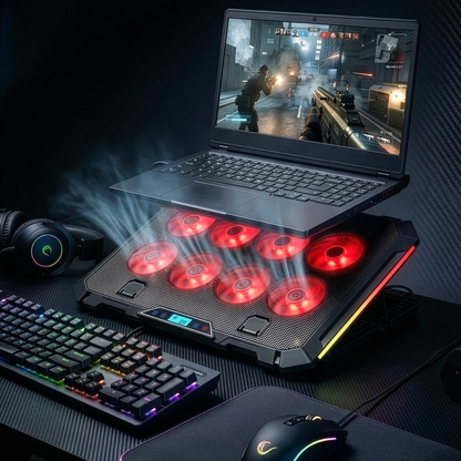 S51 Icevolt - Siyah RGB Işıklı 8 Fanlı LCD Göstergeli 17 ve Altı 2 Usb Girişli Yükselebilen Notebook Soğutucu