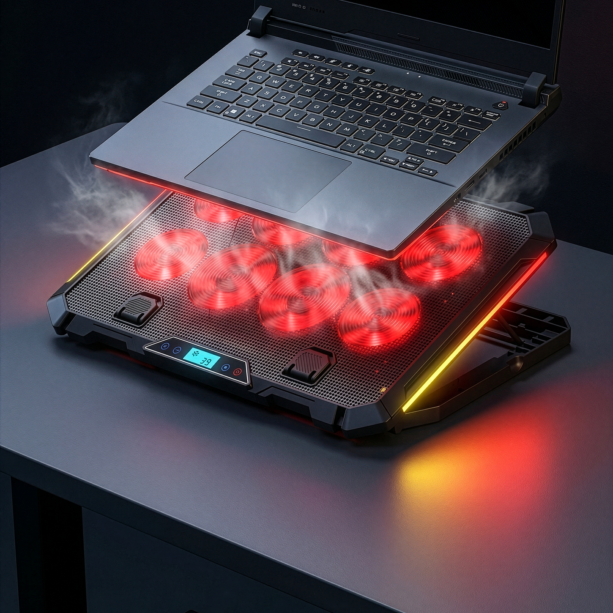 S51 Icevolt - Siyah RGB Işıklı 8 Fanlı LCD Göstergeli 17 ve Altı 2 Usb Girişli Yükselebilen Notebook Soğutucu