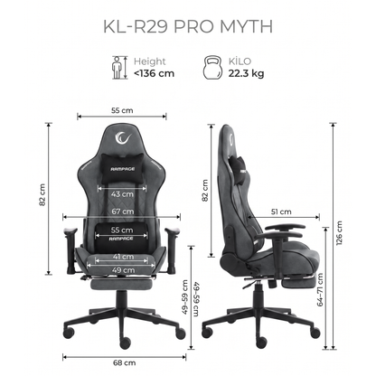 KL-R29 - Myth Pro Üst Seviye Terletmez Kumaş Gri Gaming Oyuncu Koltuğu