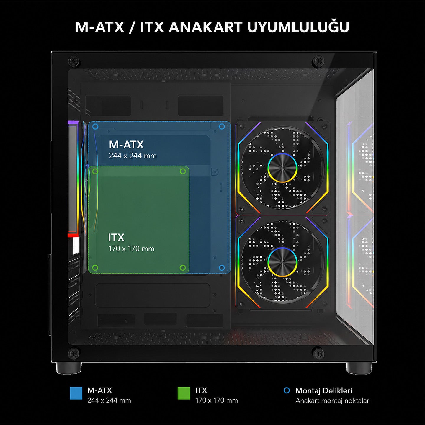 M-ATX Temperli Camlı 3*12cm ARGB Fan Siyah Oyuncu Kasası