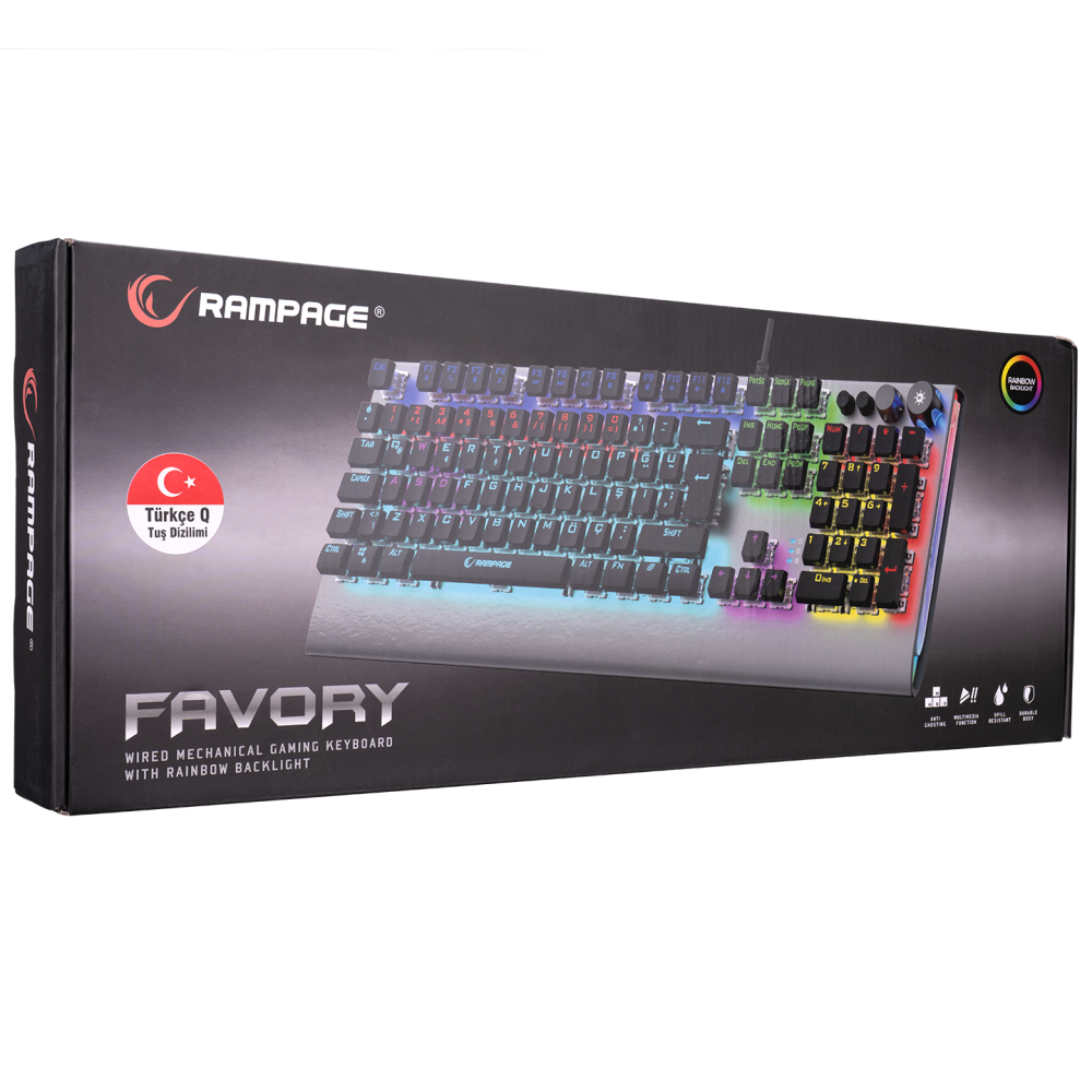KB-R210 FAVORY Rainbow Aydınlatmalı Kristal Red Switch Mekanik Gaming Oyuncu Klavyesi - Rampage