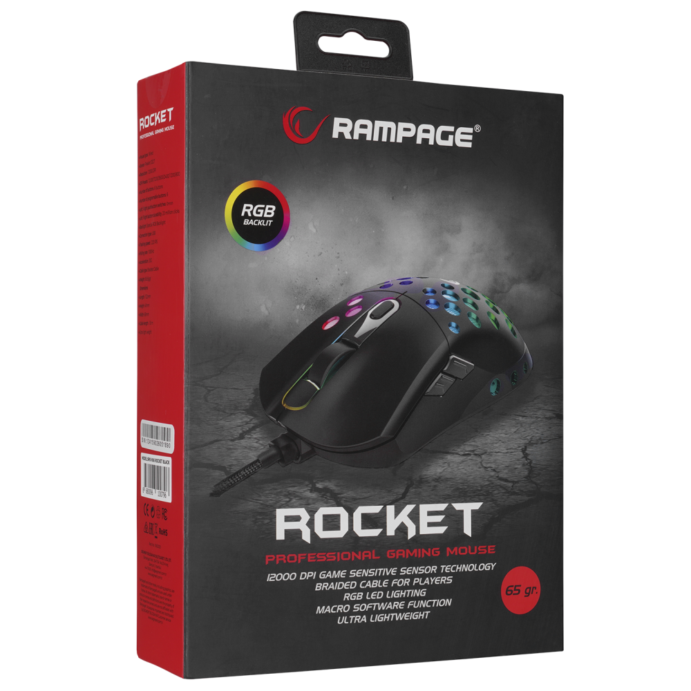 SMX-R66 ROCKET Ultra Hafif Siyah RGB Ledli 12000dpi Gaming Oyuncu Mouse - Rampage