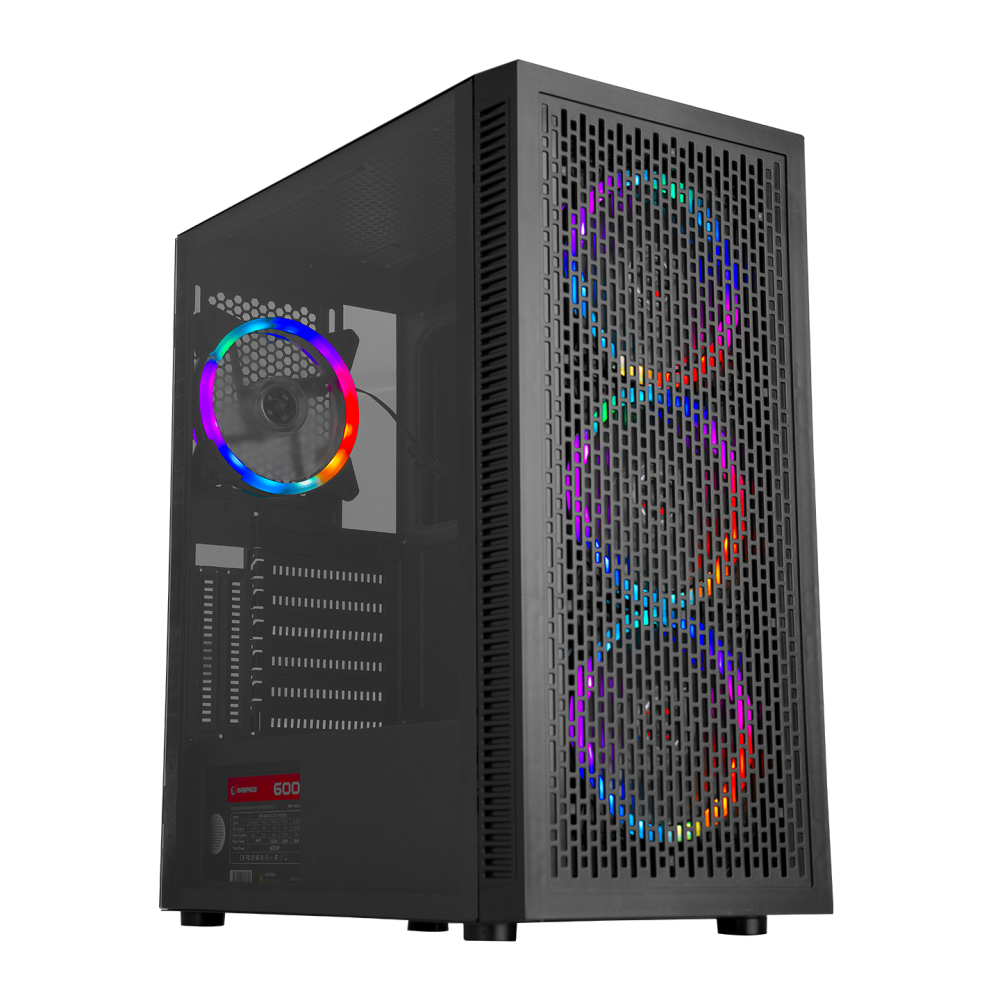PLATINO Mesh Temperli Camlı 600W 80+ BRONZE 4*12cm Rainbow Fanlı ATX Mid-T Gaming Oyuncu Kasası