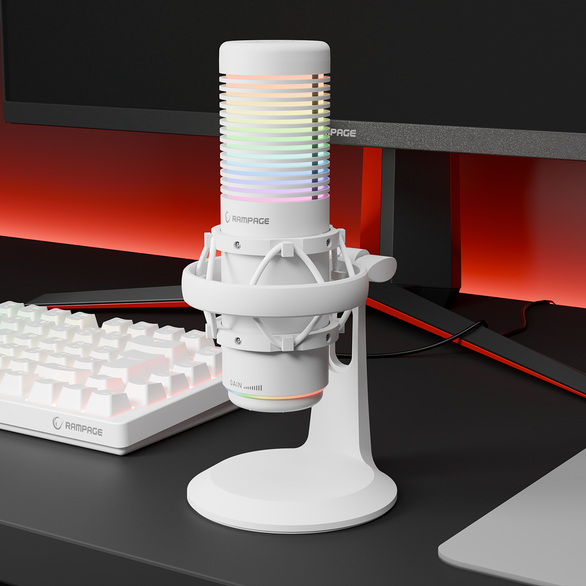 BEMOL Beyaz RGB Shock Mount Masaüstü Mikrofon - Rampage