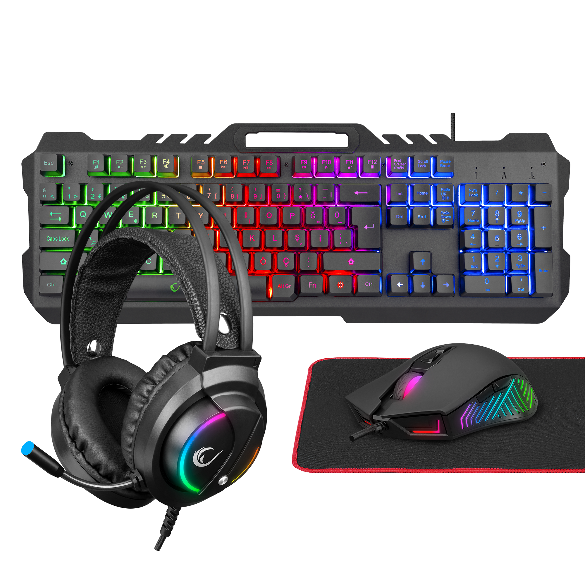 FITMENT KM-GX7 Gökkuşağı Aydınlatmalı Siyah USB Gaming Combo Mouse + Mousepad + Kulaklık Q Gaming Klavye +