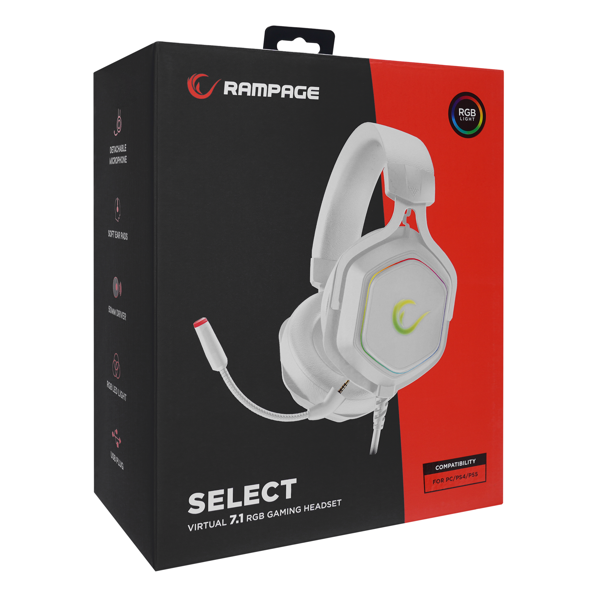 RM-K50 SELECT Beyaz Usb 7.1 RGB Ledli Gaming Oyuncu Mikrofonlu Kulaklık - Rampage