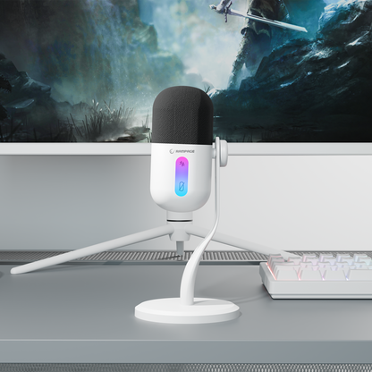 Beyaz RGB Standlı Ses Göstergeli Masaüstü Mikrofon