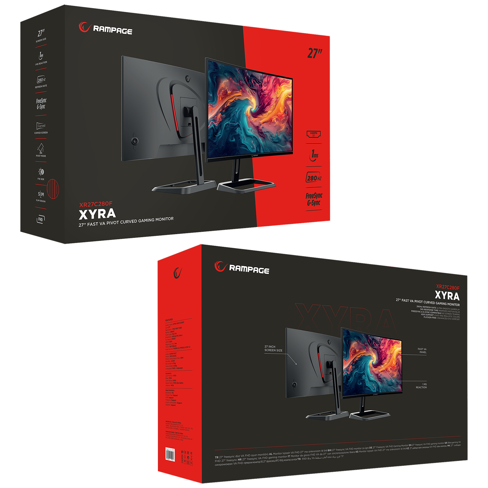 Xyra XR27C280F RGB 27'' 280Hz Fast VA FHD Freesync/Gsync Pivot R1500 Curved Gaming Monitor