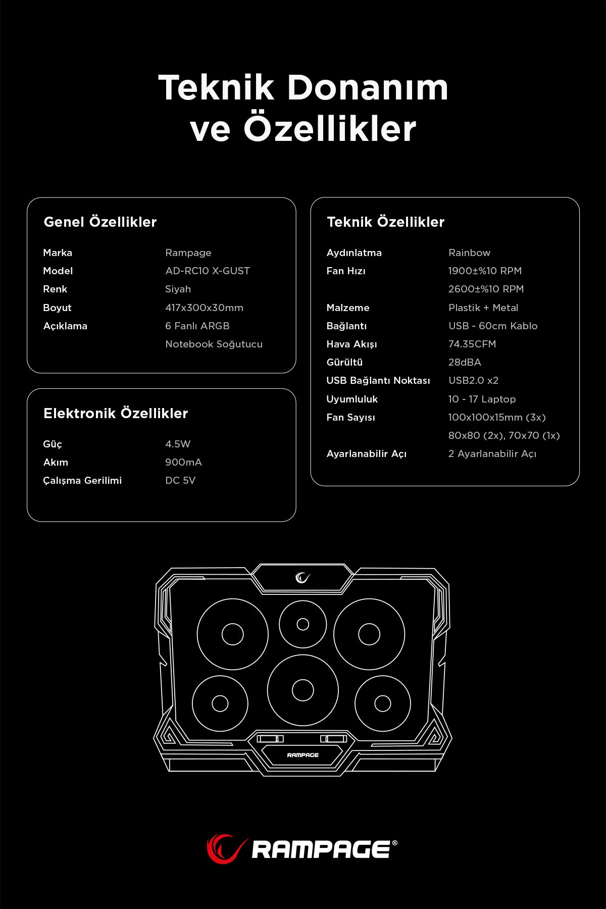 X-Gust 6 Fanlı Rainbow 10-17 inç Notebook Soğutucu Stand-Siyah
