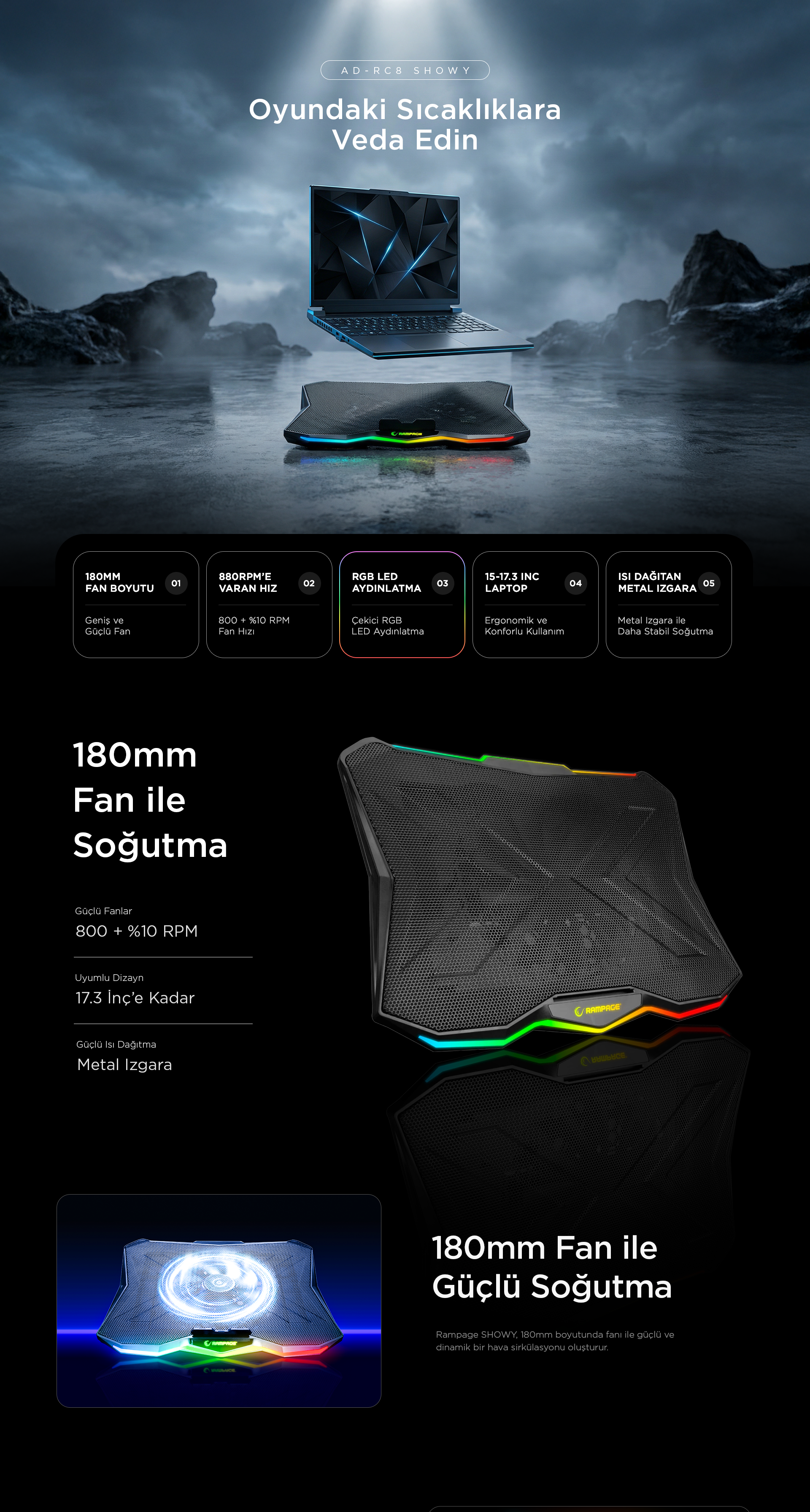 180mm Fan 15-17inç RGB Işıklı Notebook Soğutucu Stand-Siyah – Rampage