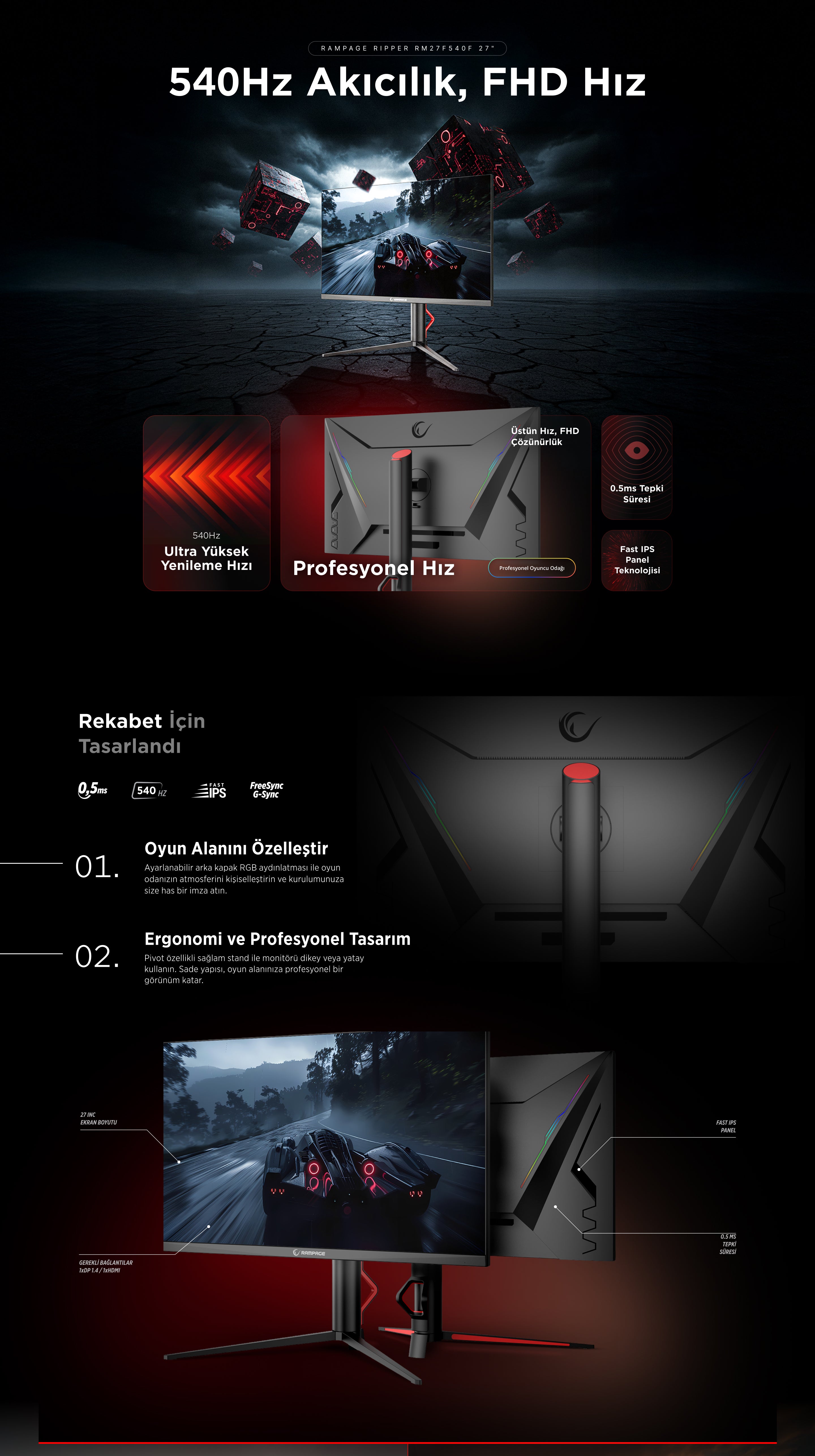 Ripper RM27F540F 27'' 540Hz 1ms Fast IPS FHD Freesync RGB Pivot PC