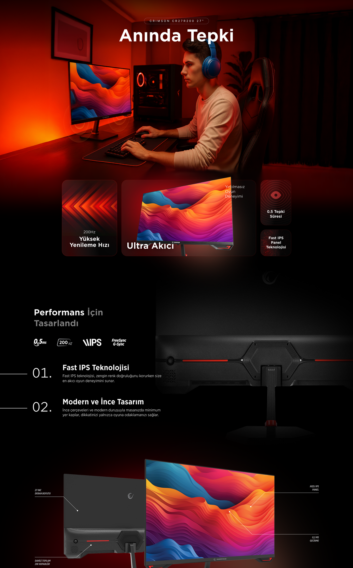 Rampage Crimson CR27R200 27 200Hz 0.5ms Fast IPS FHD Freesync/G-Sync PC Flat Gaming Monitor