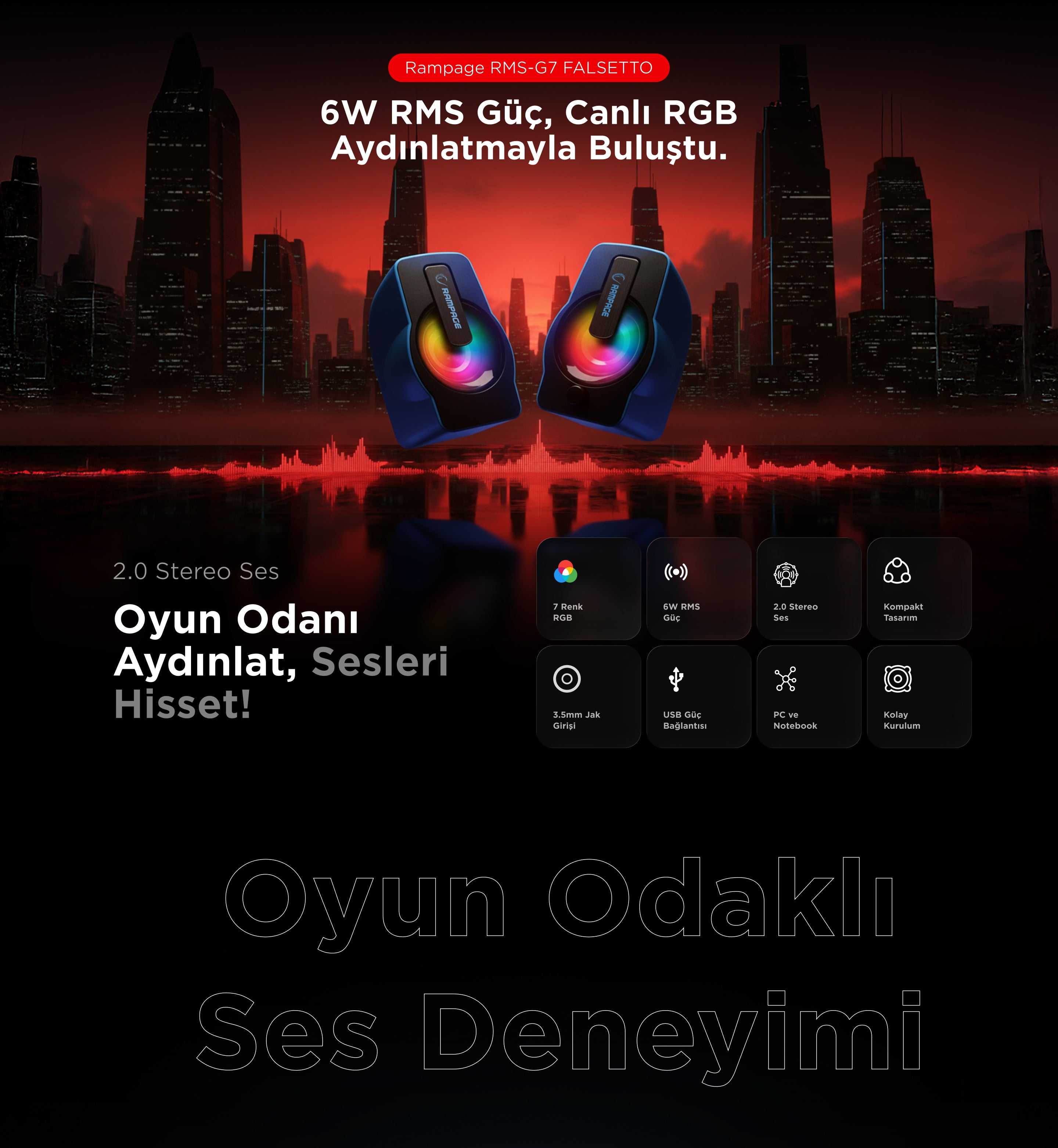 Rms-G7 Falsetto 2.0 6 Watt RGB Multimedya Oyuncu Speaker-Mavi