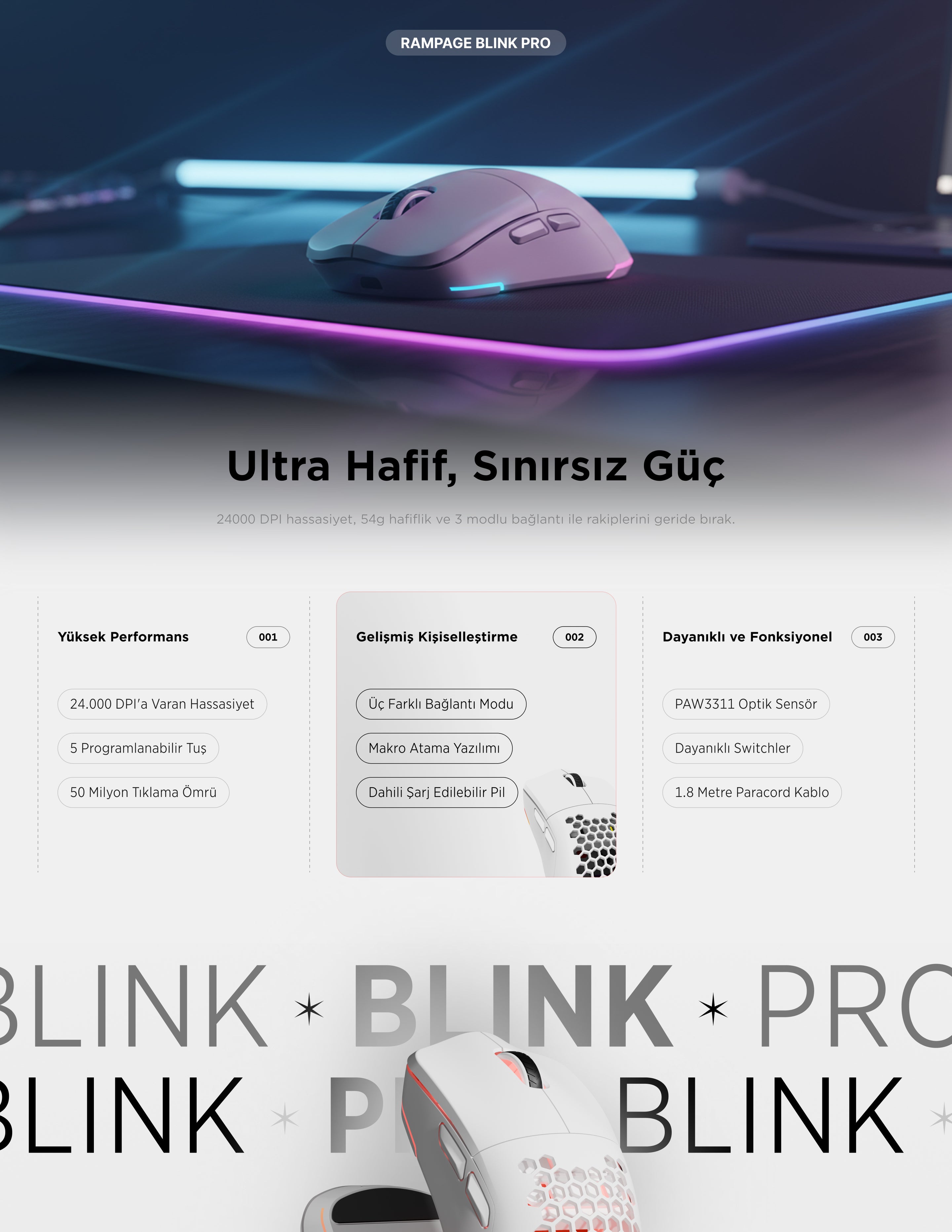 BLINK PRO - RGB 24000 Dpi 3311 Sensor Kablosuz Oyuncu Mouse – Rampage