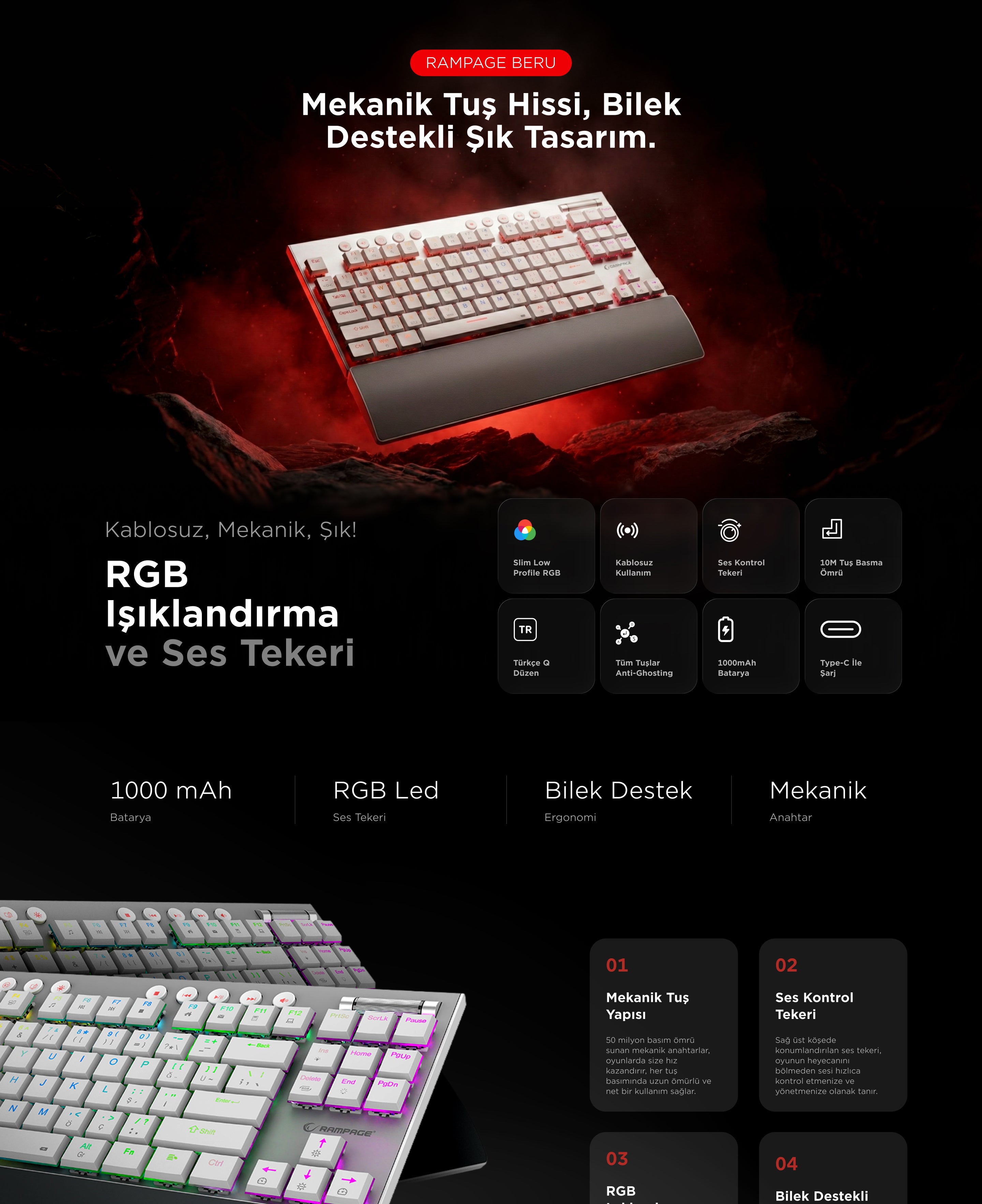 BERU - Red Switch Low Profile RGB TKL Kablosuz Mekanik Oyuncu