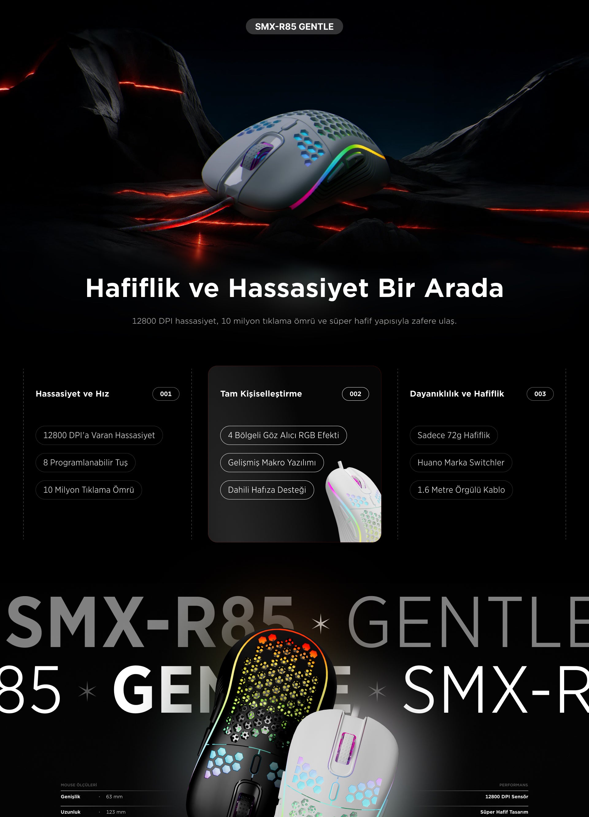 Smx-R85 Gentle 12800 Dpi RGB Süper Hafif Makrolu Oyuncu Mouse