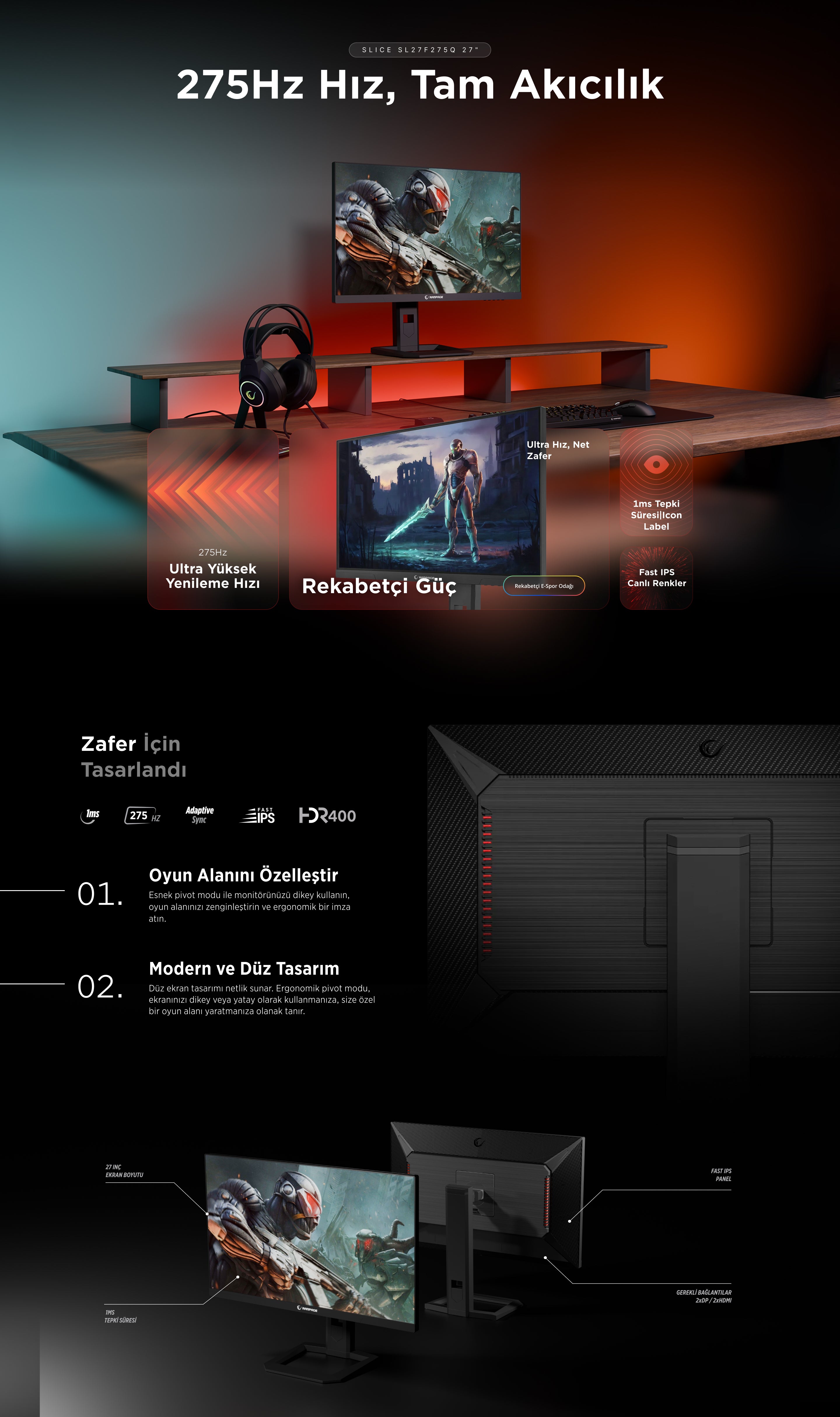 27'' 275Hz 1ms Fast IPS QHD HDR400 RGB Pivot Siyah Flat Oyuncu