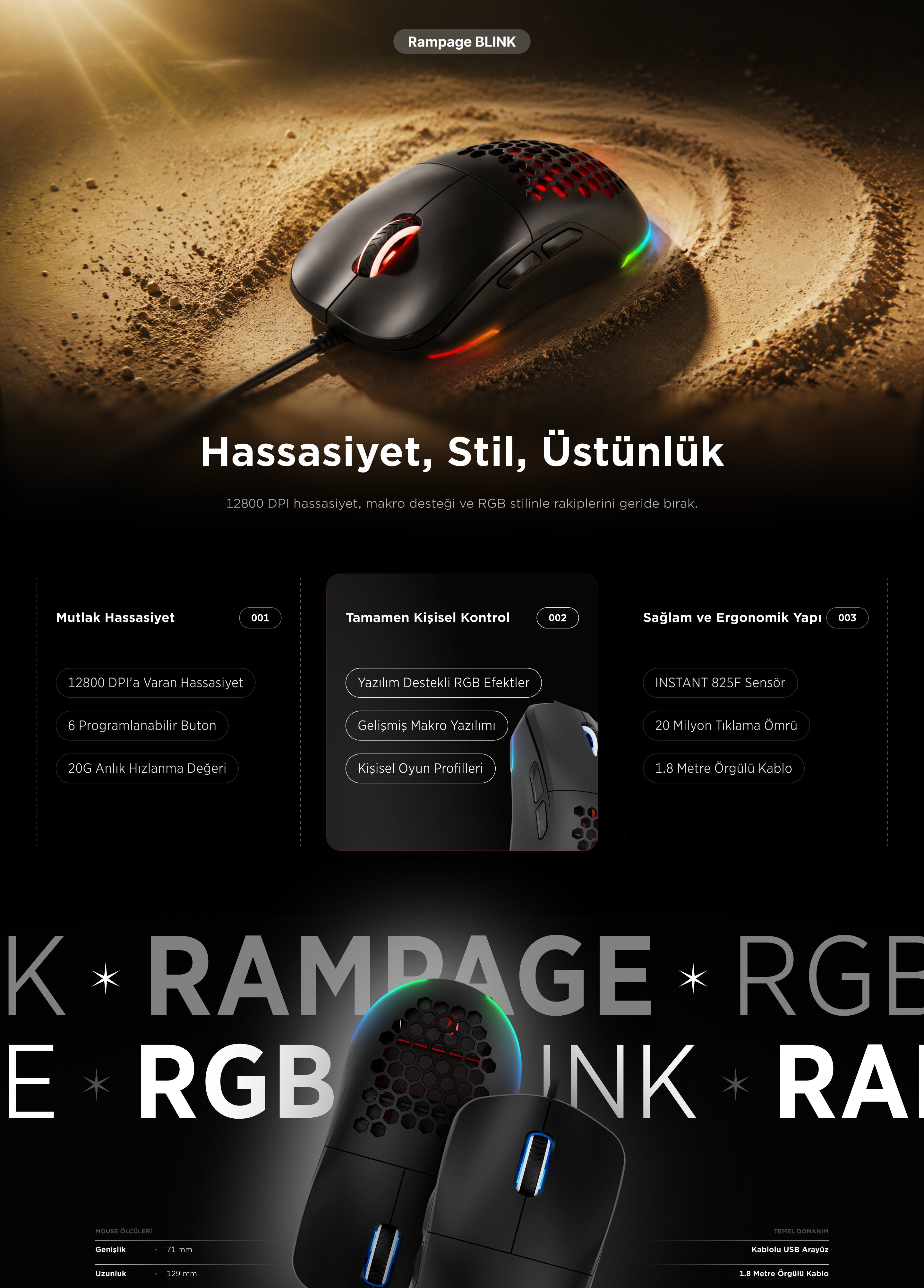 BLINK - 7 Makro Tuşlu RGB 12800 Dpi Oyuncu Mouse – Rampage
