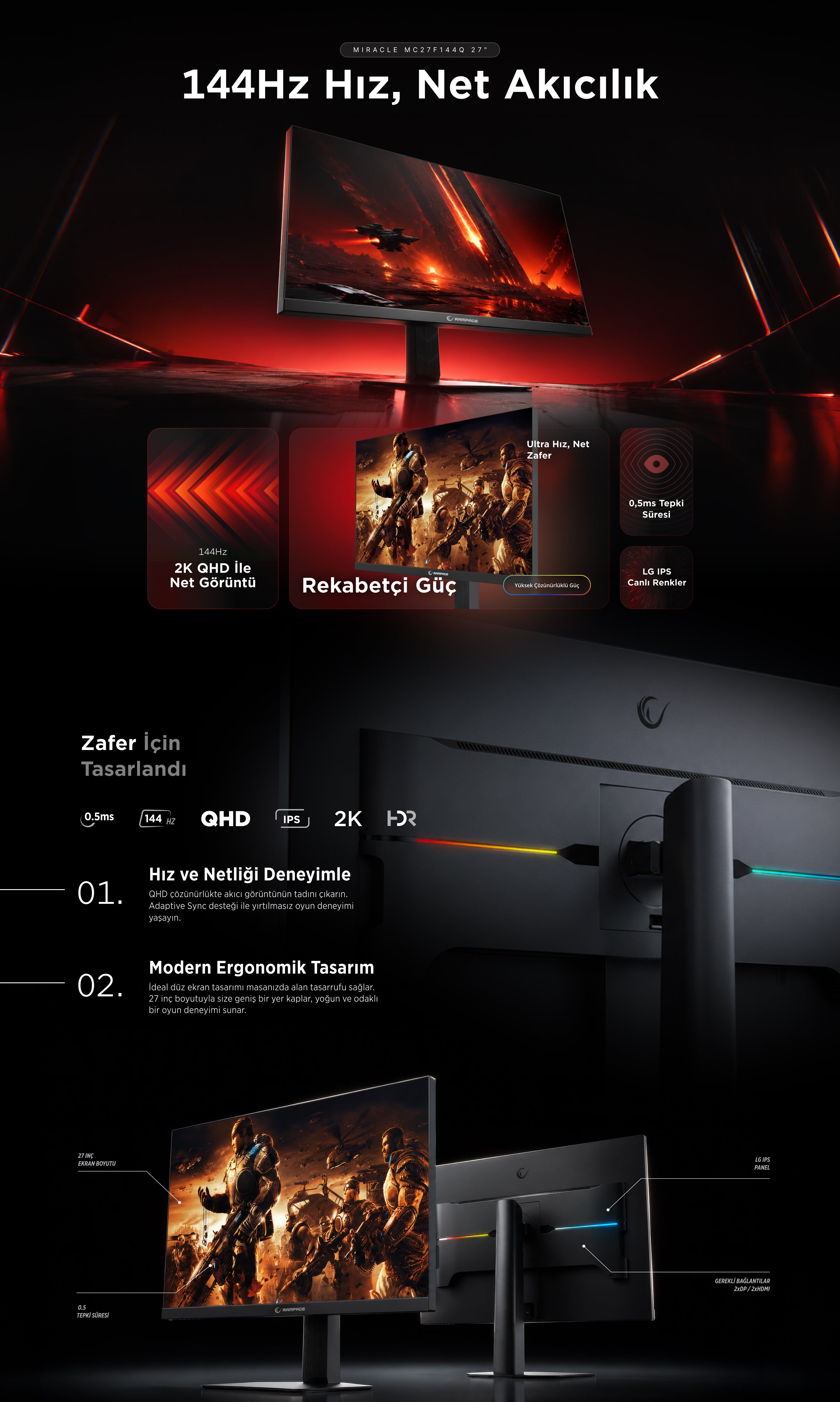 27'' QHD 144Hz Fast IPS 0,5ms HDR Freesync Pivot Flat Oyuncu