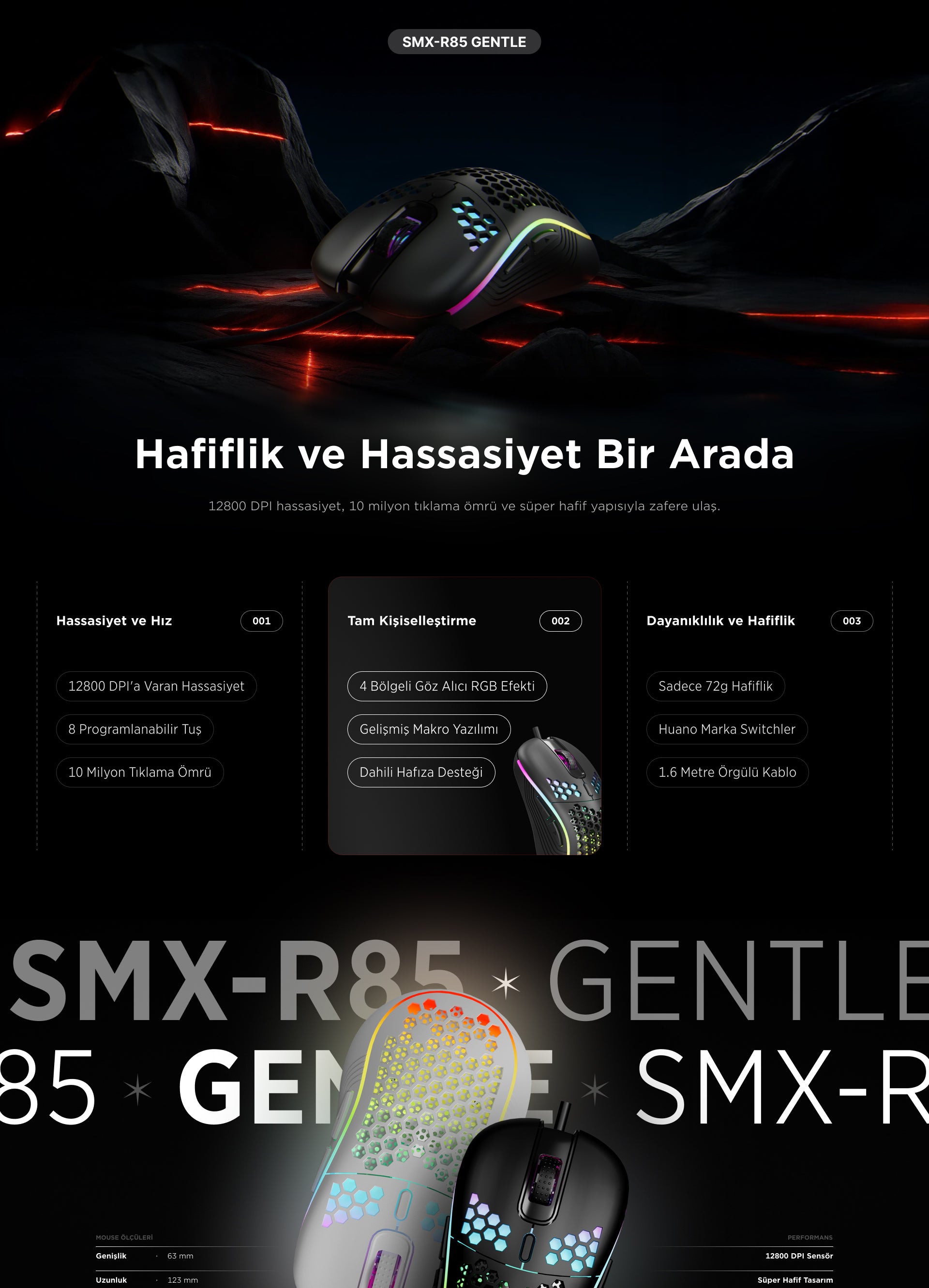 Smx-R85 Gentle 12800 Dpi RGB Süper Hafif Makrolu Oyuncu Mouse