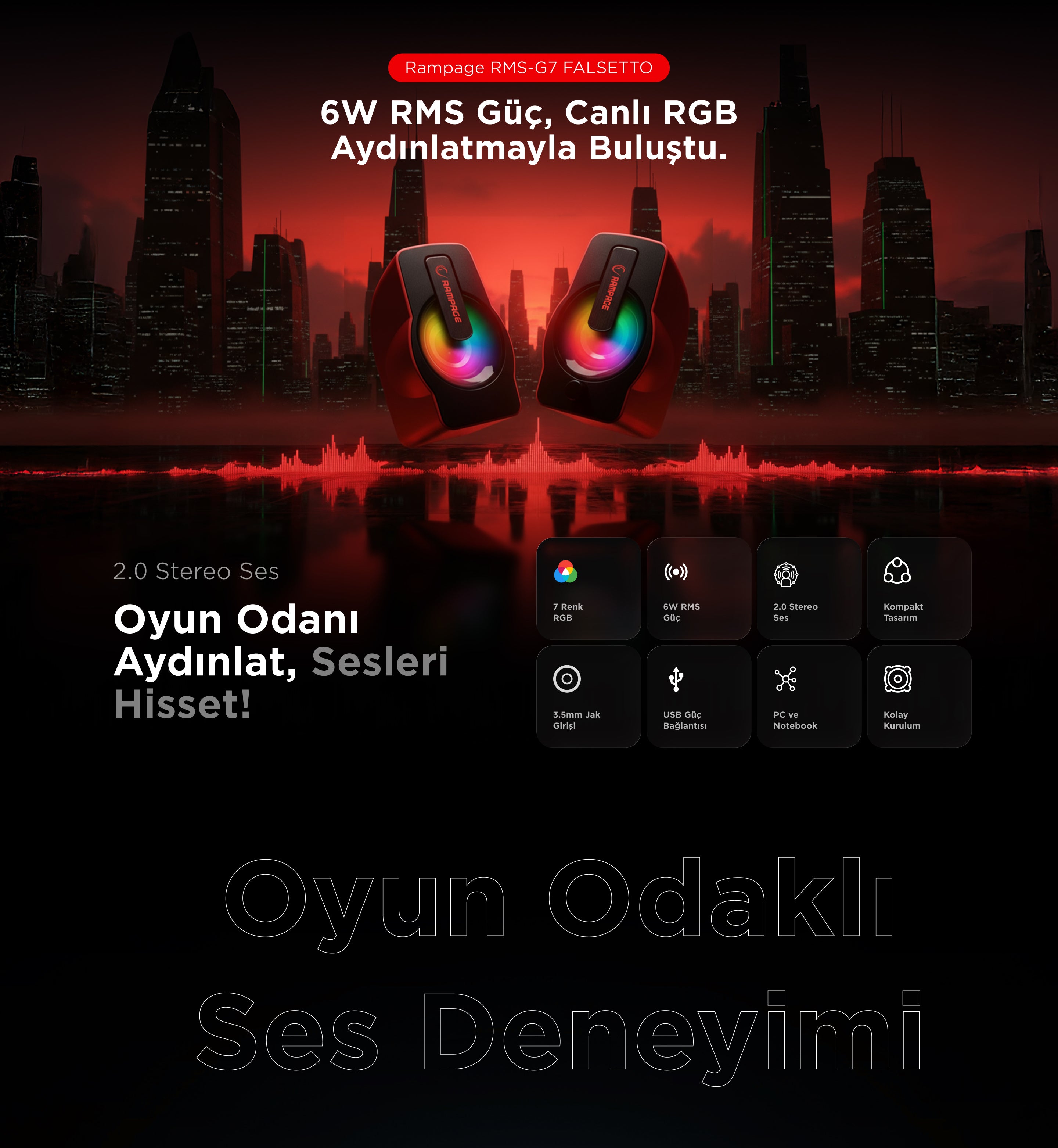 Rms-G7 Falsetto 2.0 6 Watt RGB Multimedya Oyuncu Speaker-Kırmızı