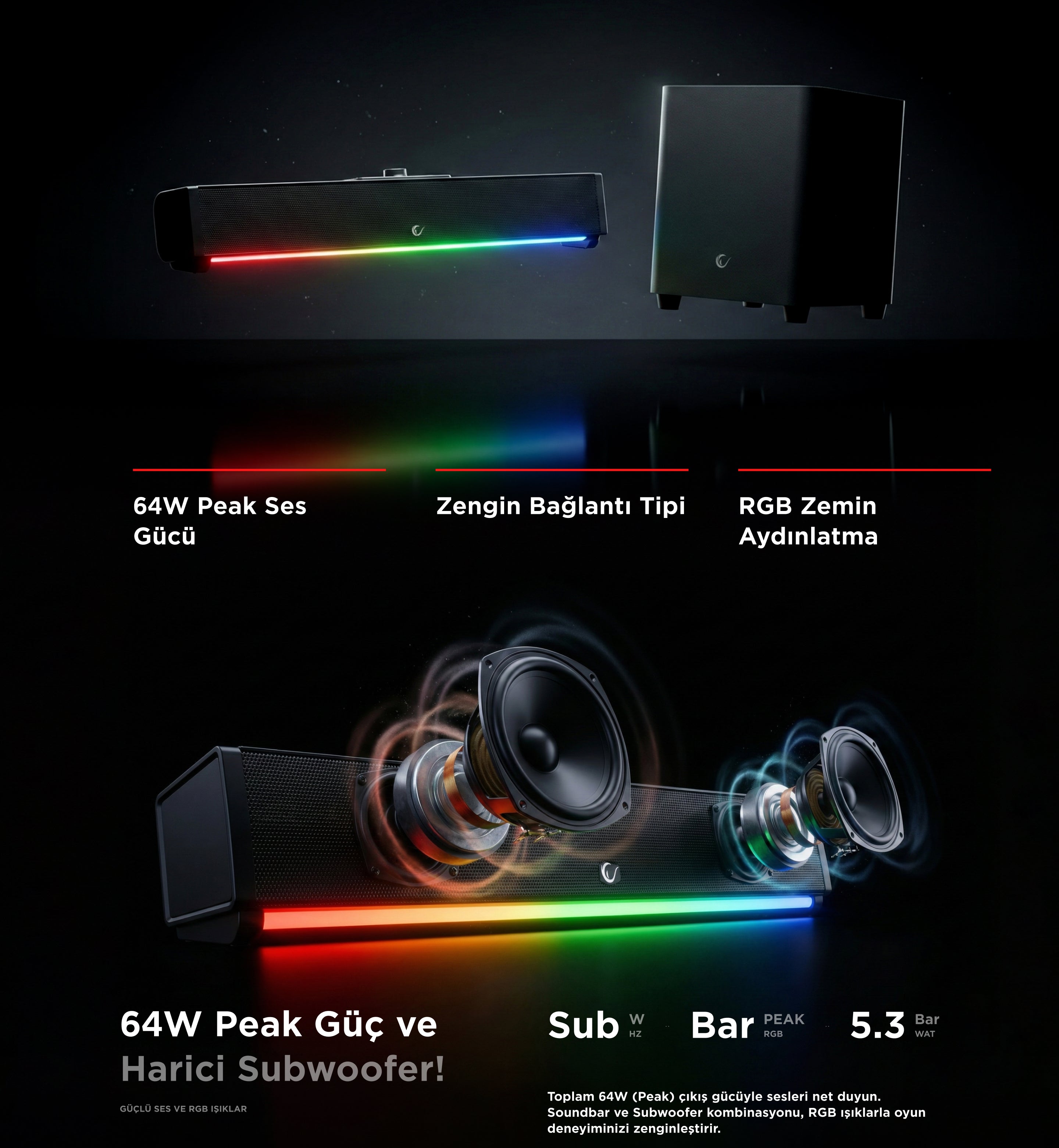 Rm-1 SoundWave Plus Black 2X15W + 34W Gaming Soundbar Speaker