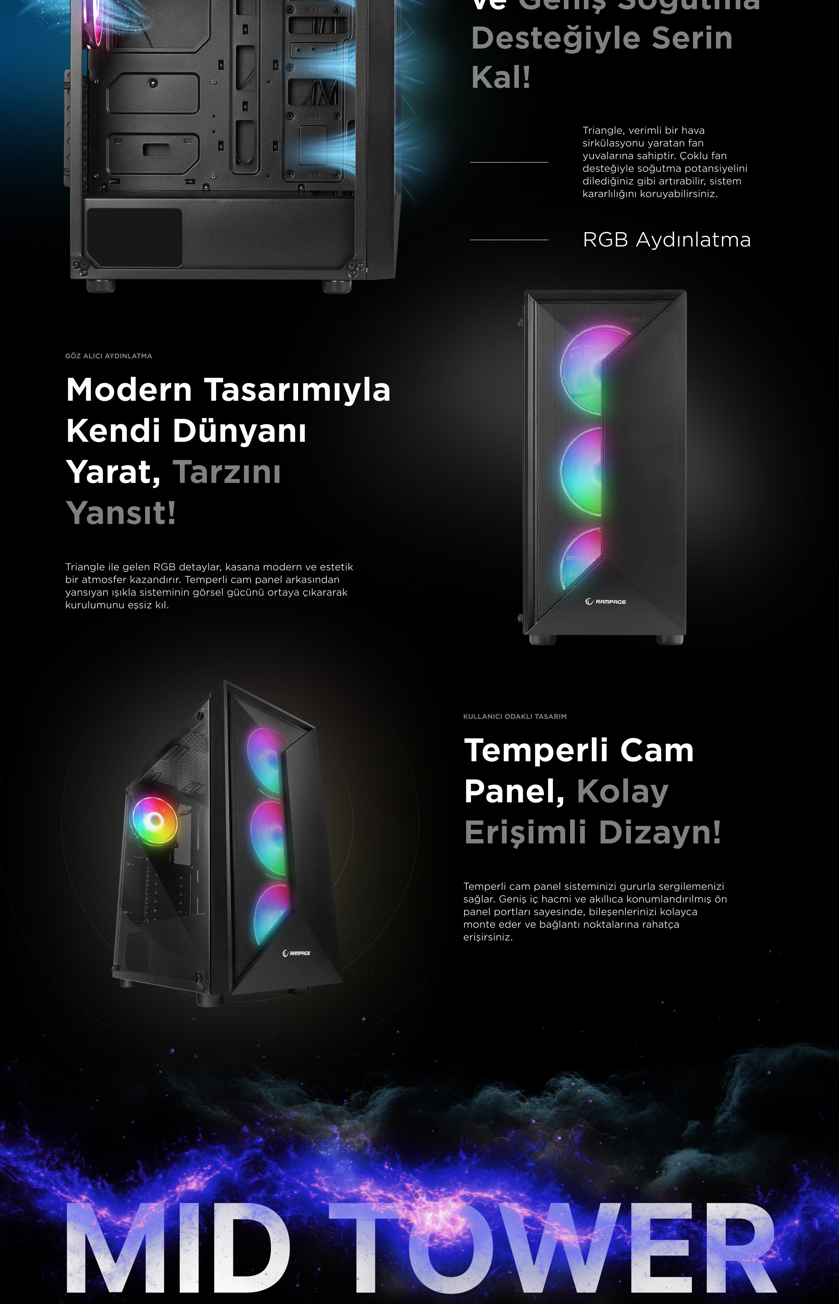 Triangle 4x12cm Auto RGB Fan Temperli Cam Atx Mid-T Oyuncu Kasası
