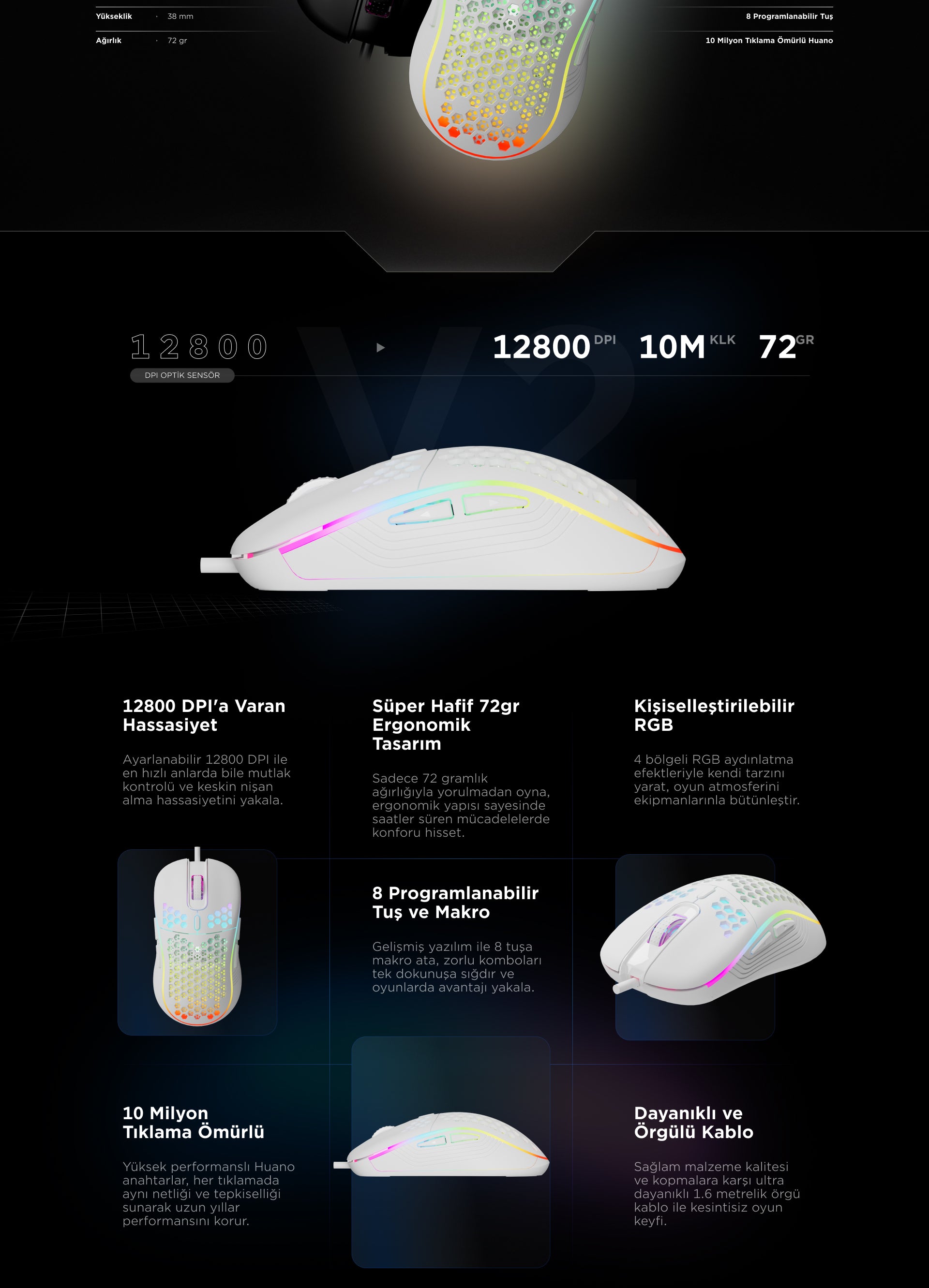 Smx-R85 Gentle 12800 Dpi RGB Süper Hafif Makrolu Oyuncu Mouse