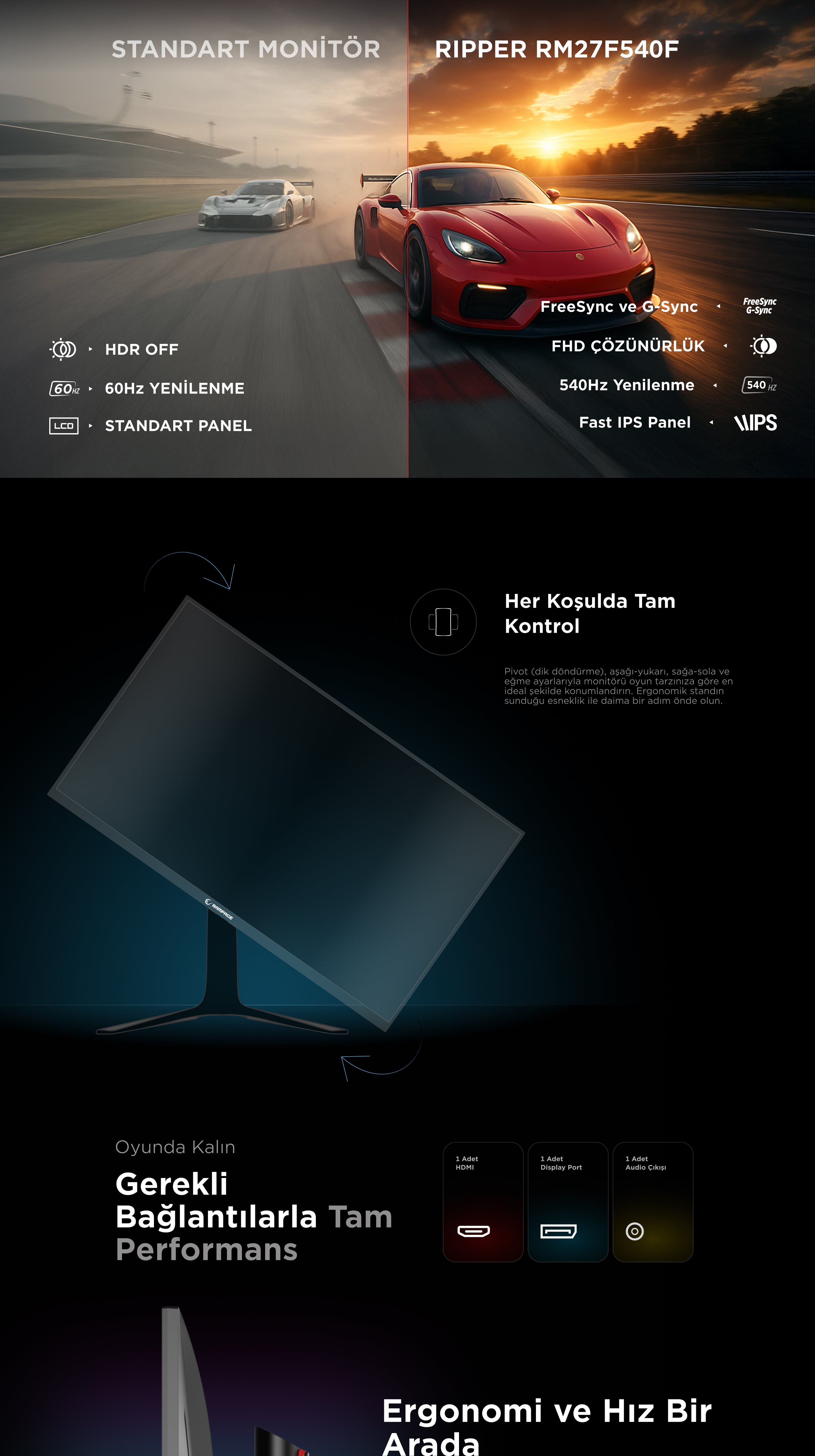Ripper RM27F540F 27'' 540Hz 1ms Fast IPS FHD Freesync RGB Pivot PC