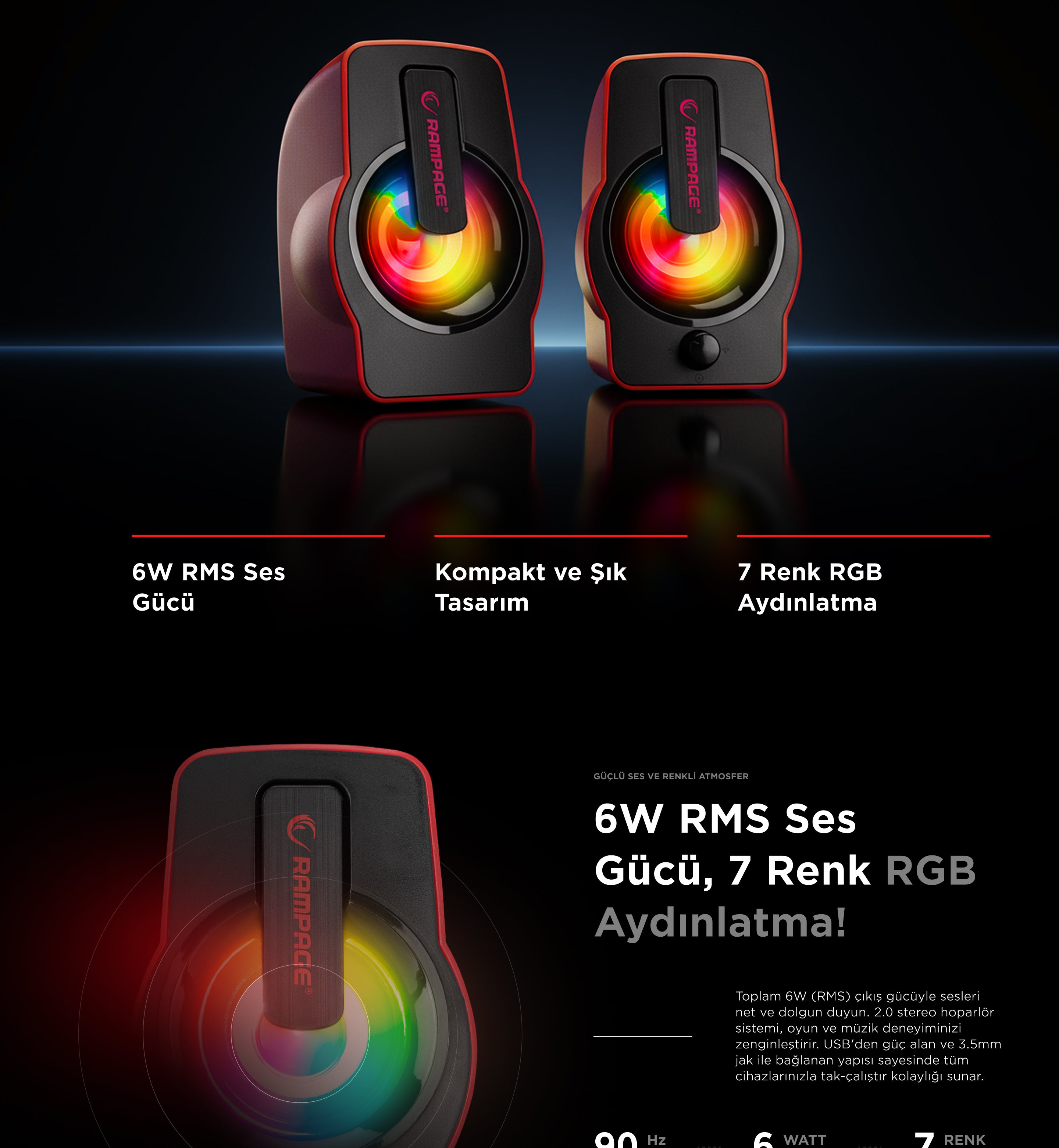 Rms-G7 Falsetto 2.0 6 Watt RGB Multimedya Oyuncu Speaker-Kırmızı