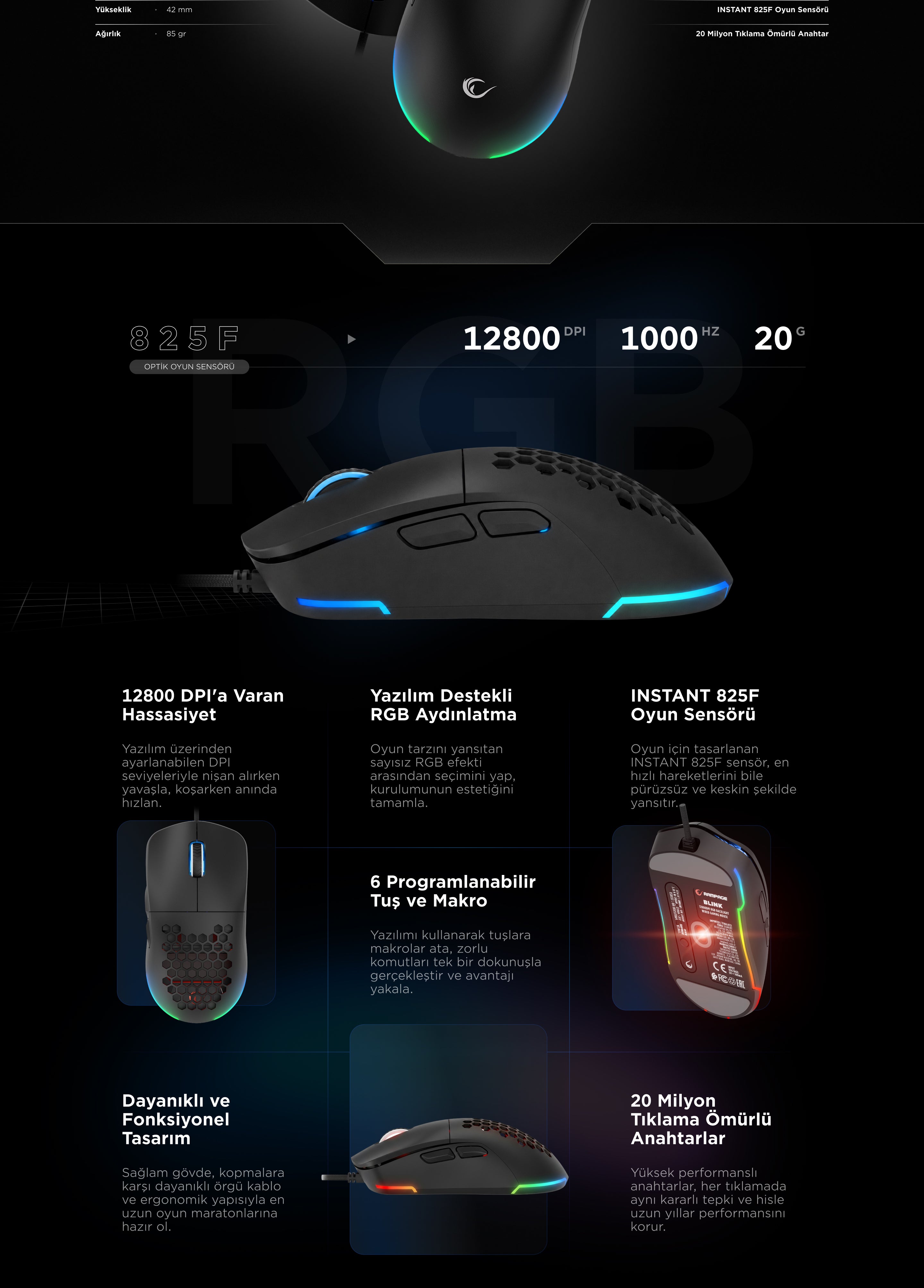 BLINK - 7 Makro Tuşlu RGB 12800 Dpi Oyuncu Mouse – Rampage