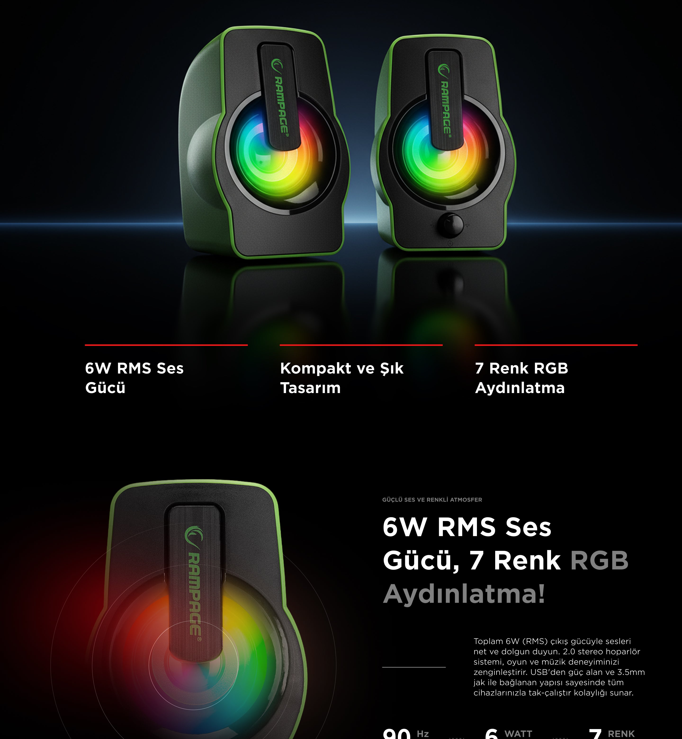 Rms-G7 Falsetto 2.0 6 Watt RGB Multimedia Gaming Speaker-Green