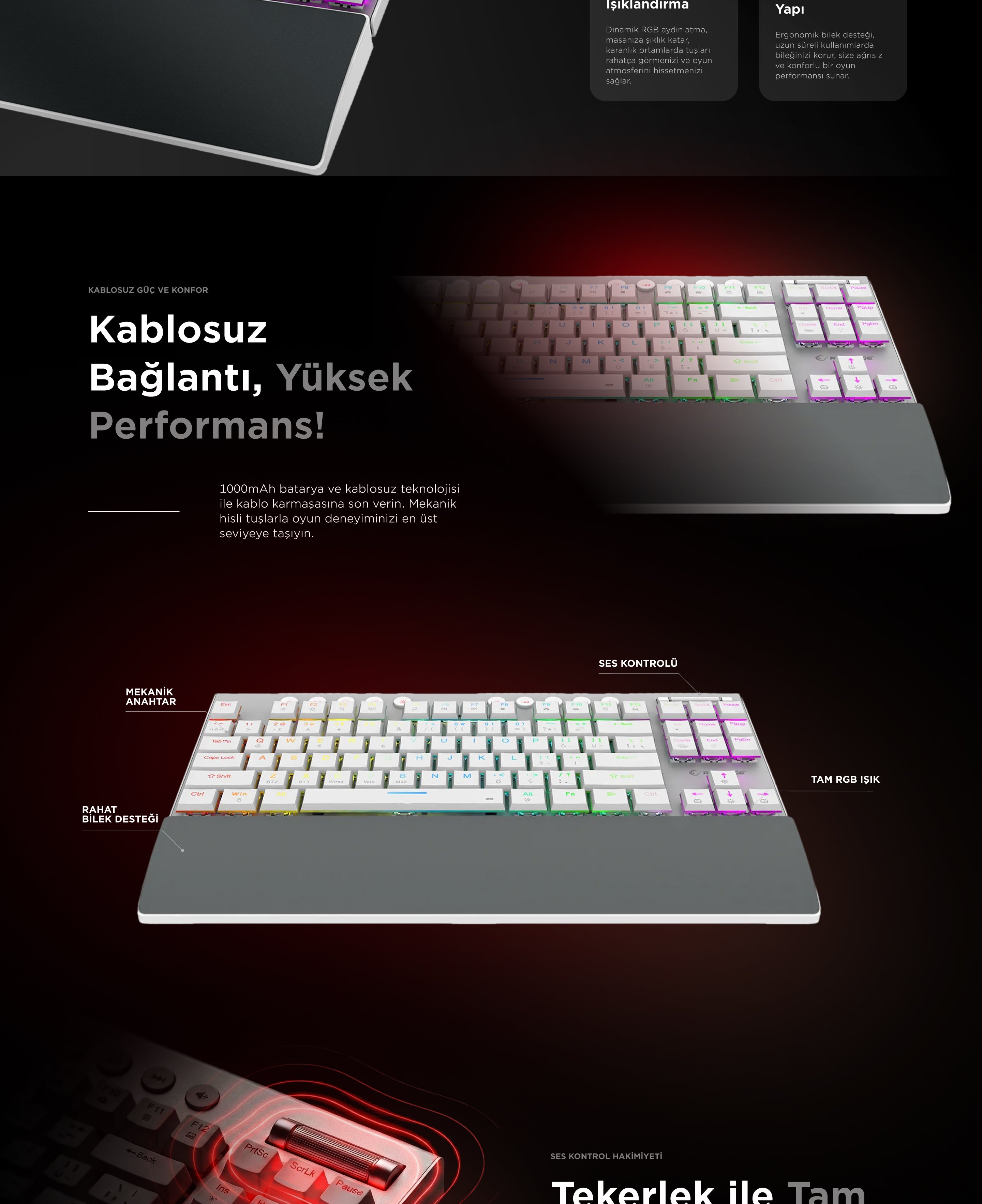 蘭ページ。 BERU - Red Switch Low Profile RGB TKL Kablosuz Mekanik Oyuncu