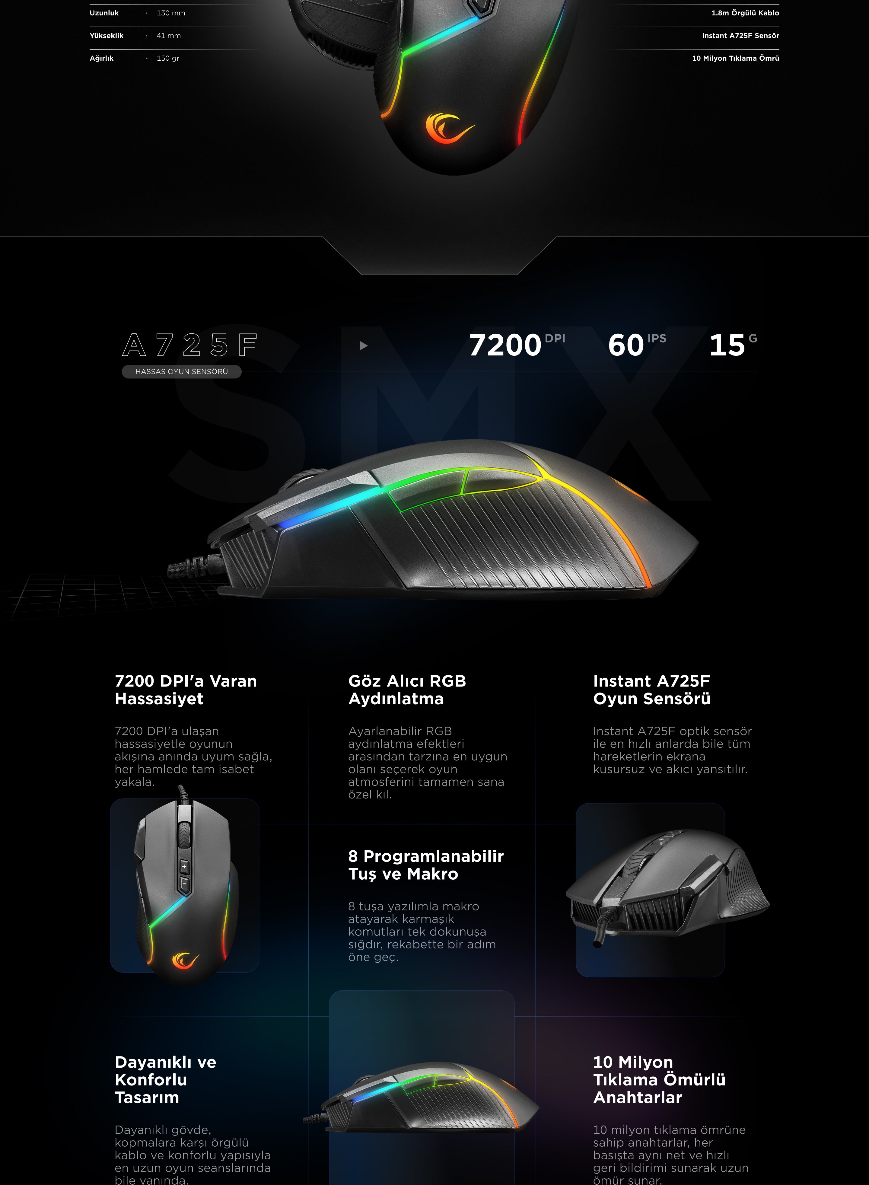 Smx-G39 Comfort 8 Makro+Extra Atış Tuşlu RGB 12800 Dpi Oyuncu