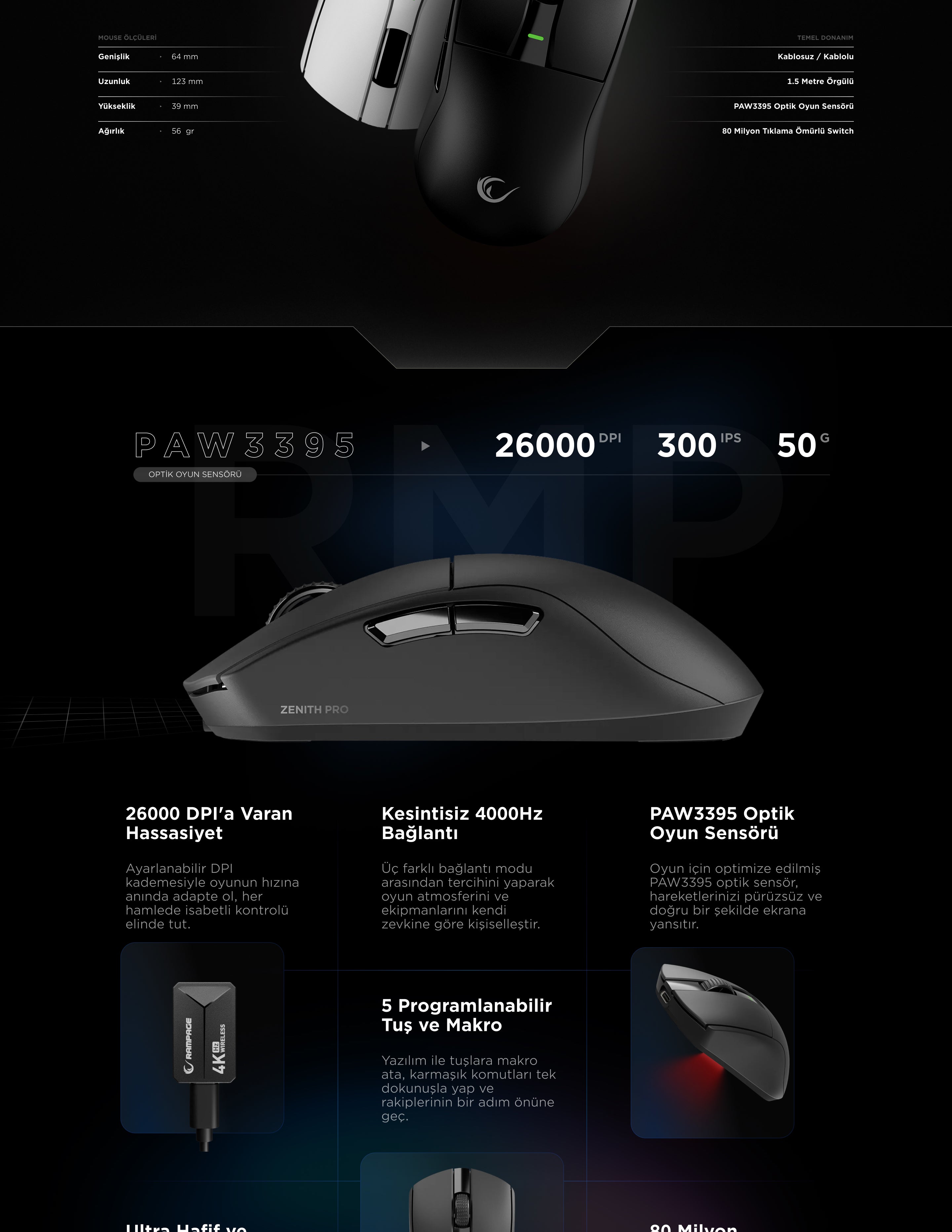 Ruyu ページ Zenith Pro 4000 Hz Wireless Gaming Mouse-Black – Rampage