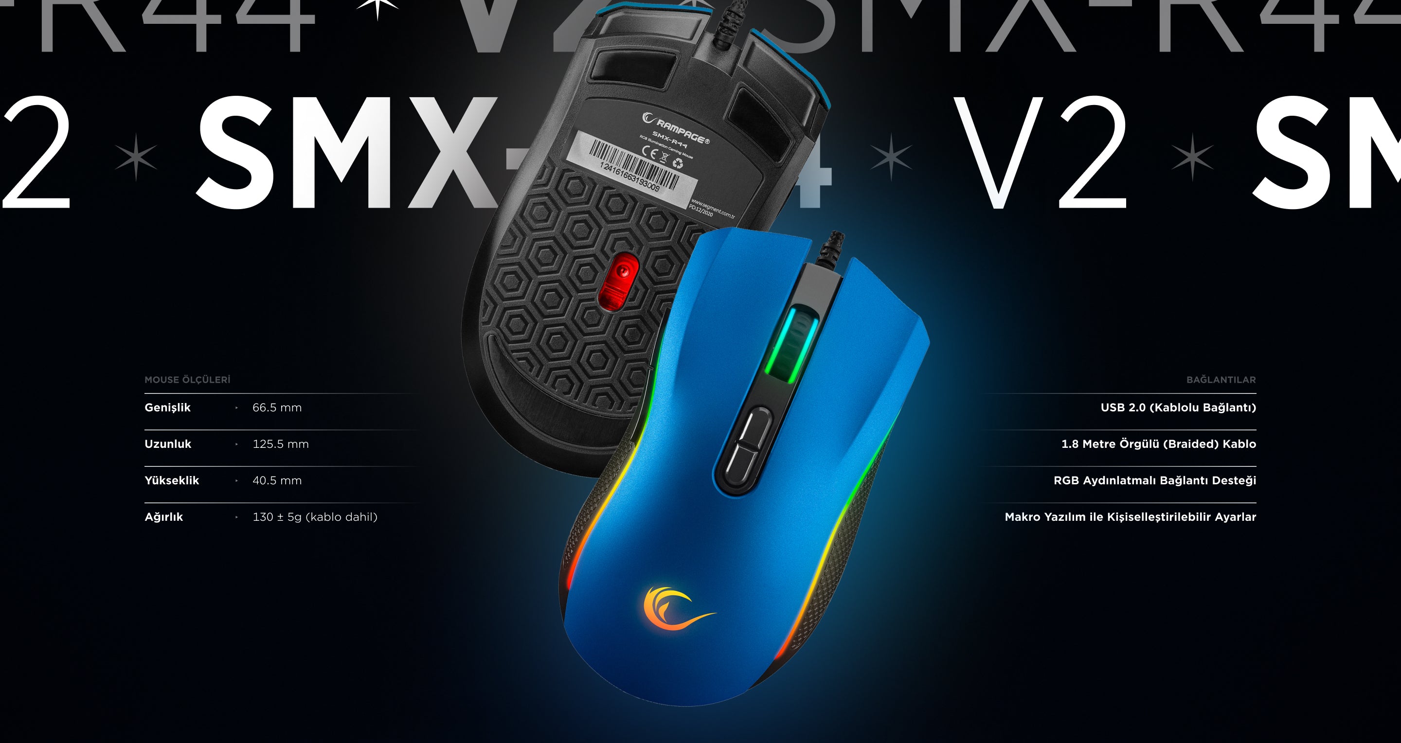 Smx-R44 V2 Makrolu 12800 Dpi 80 Million Huano Switch Oyuncu Mouse