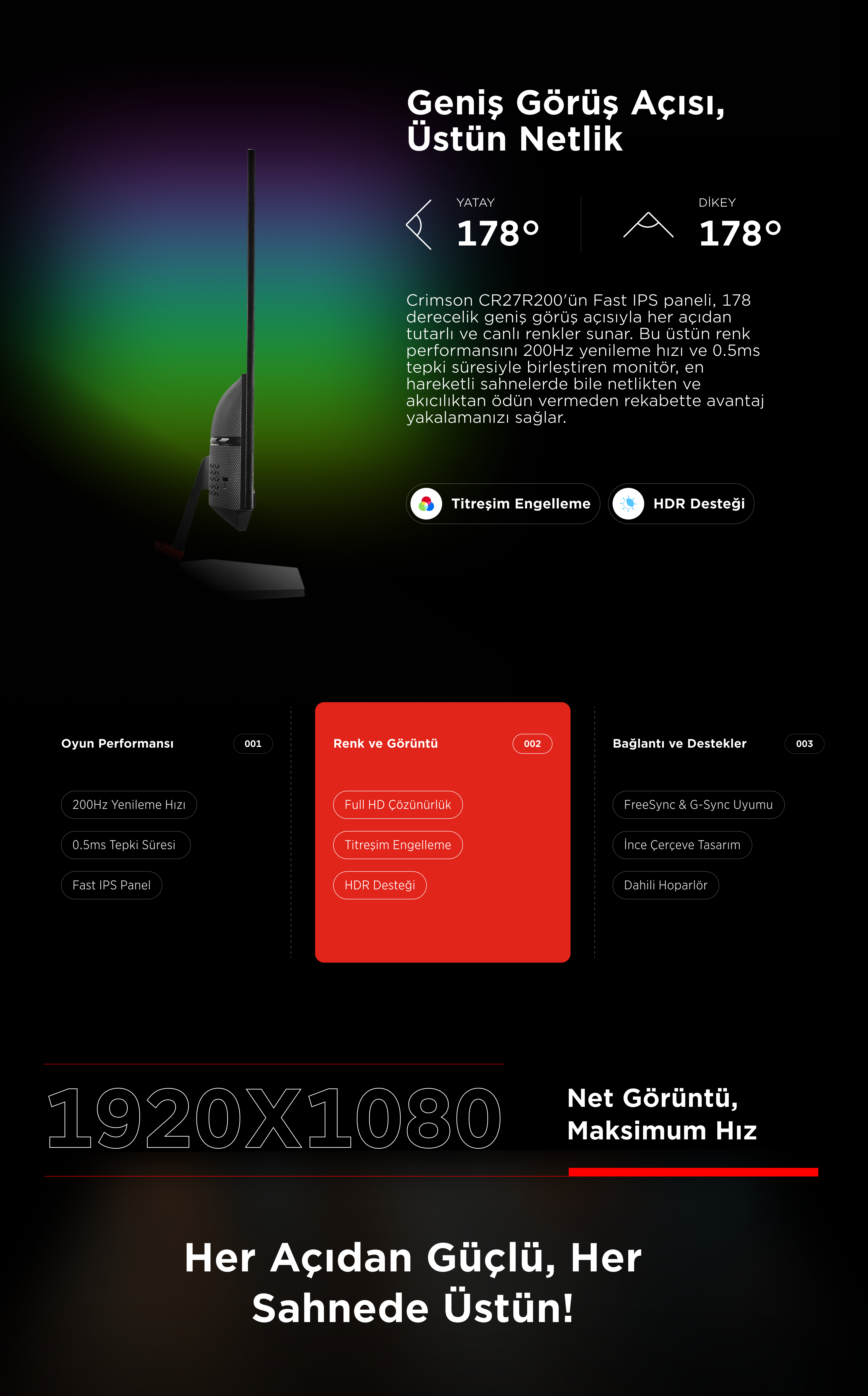 Rampage Crimson CR27R200 27 200Hz 0.5ms Fast IPS FHD Freesync/G-Sync PC Flat Gaming Monitor