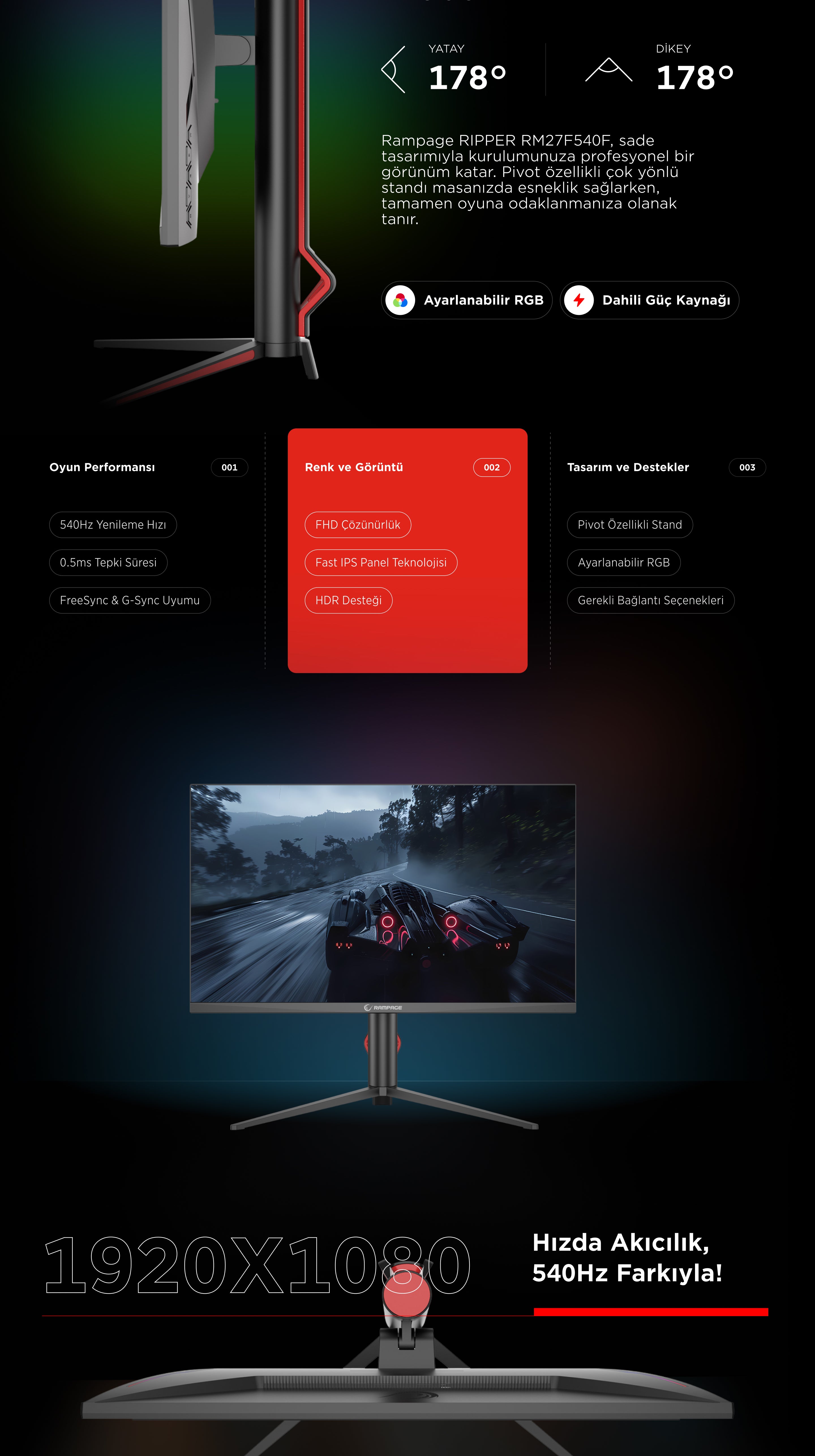Ripper RM27F540F 27'' 540Hz 1ms Fast IPS FHD Freesync RGB Pivot PC