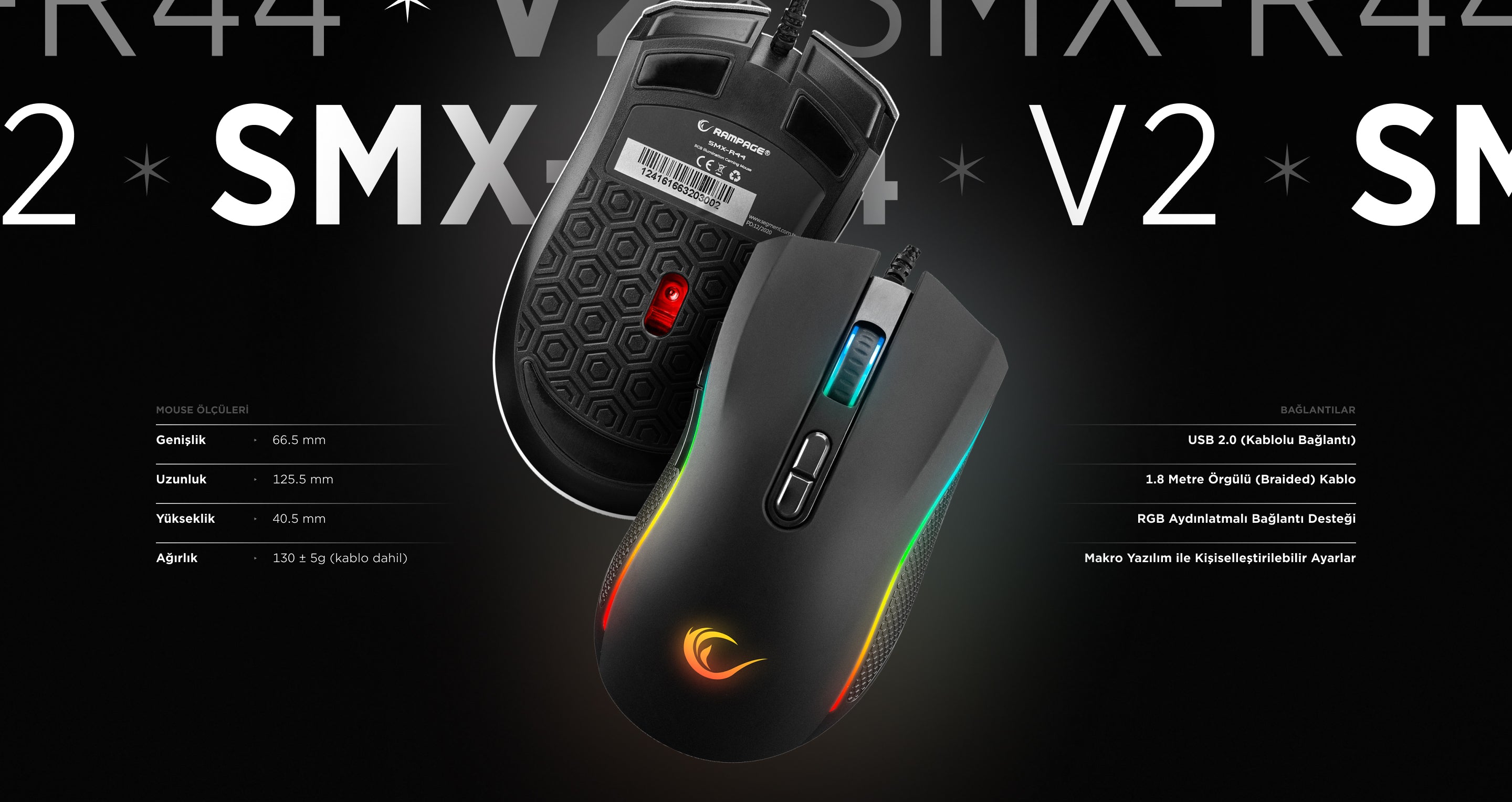 Smx-R44 V2 Makrolu 12800 Dpi 80 Million Huano Switch Oyuncu Mouse