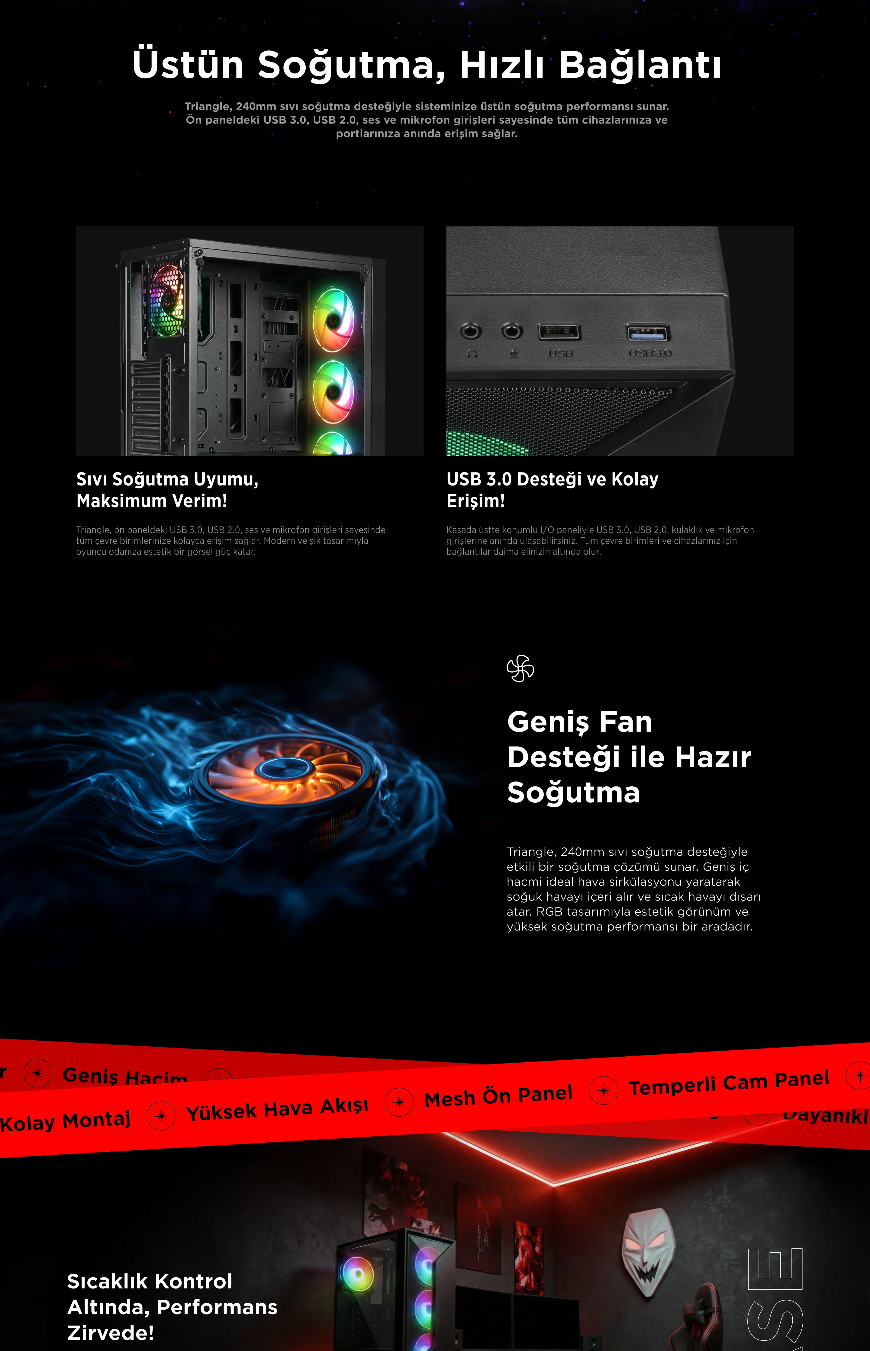 Triangle 4x12cm Auto RGB Fan Temperli Cam Atx Mid-T Oyuncu Kasası