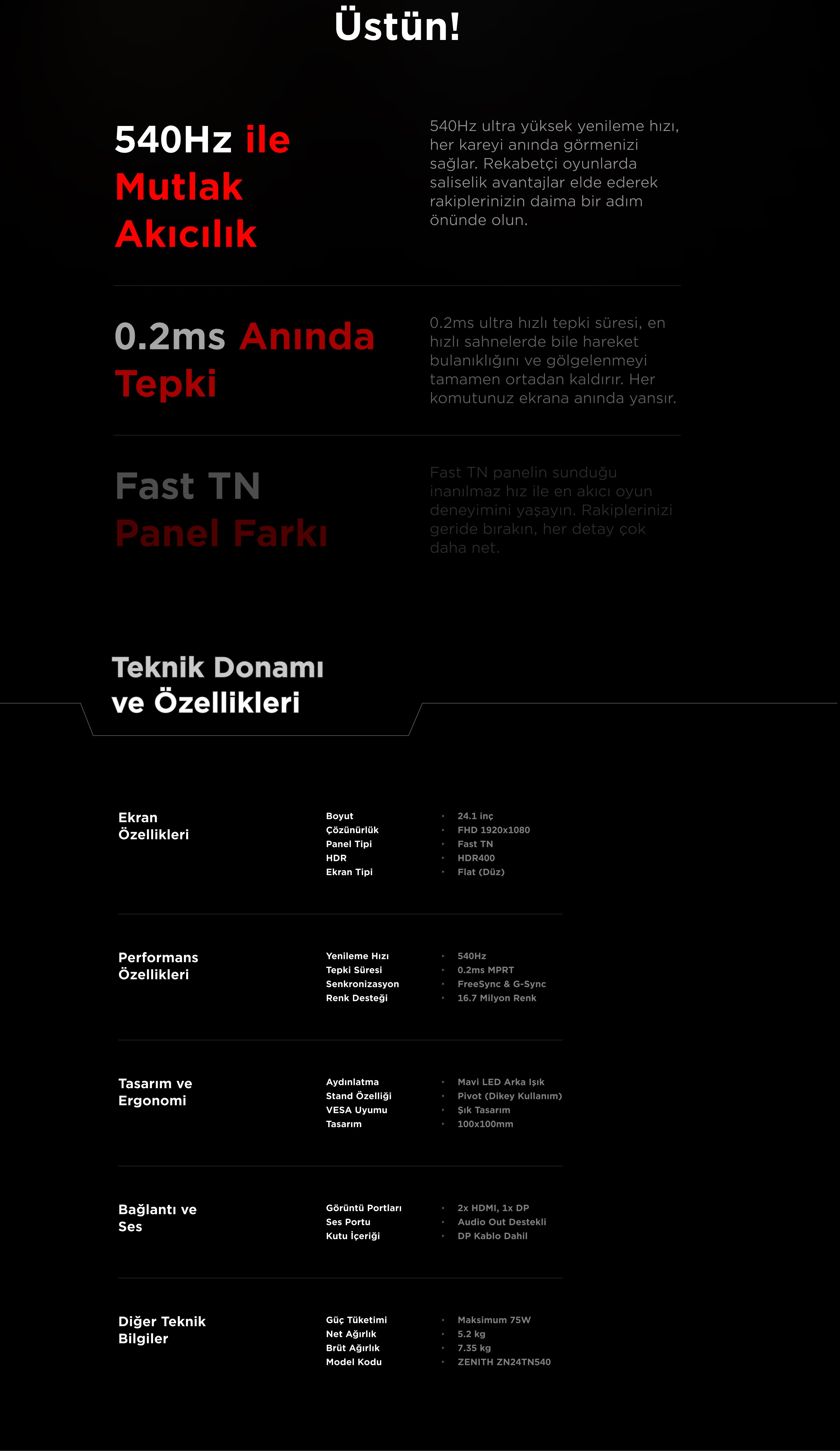 Zenith ZN24TN540 24.1'' TN 0.2ms 540Hz RGB Freesync HDR PC Flat